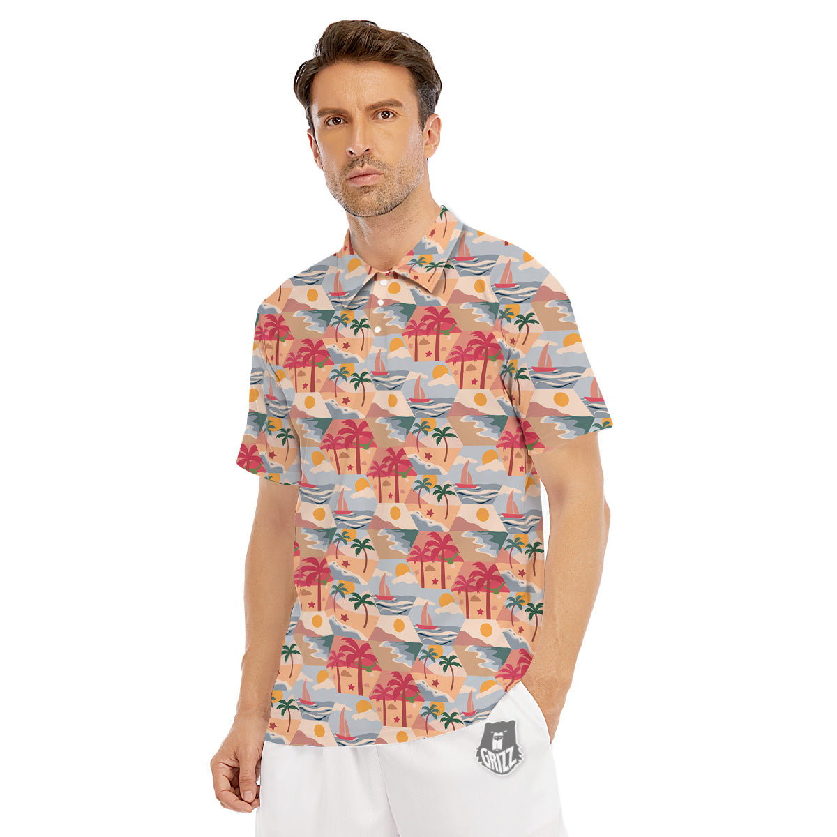Patchwork Beach And Sunset Sky Print Pattern Men's Golf Shirts-grizzshop