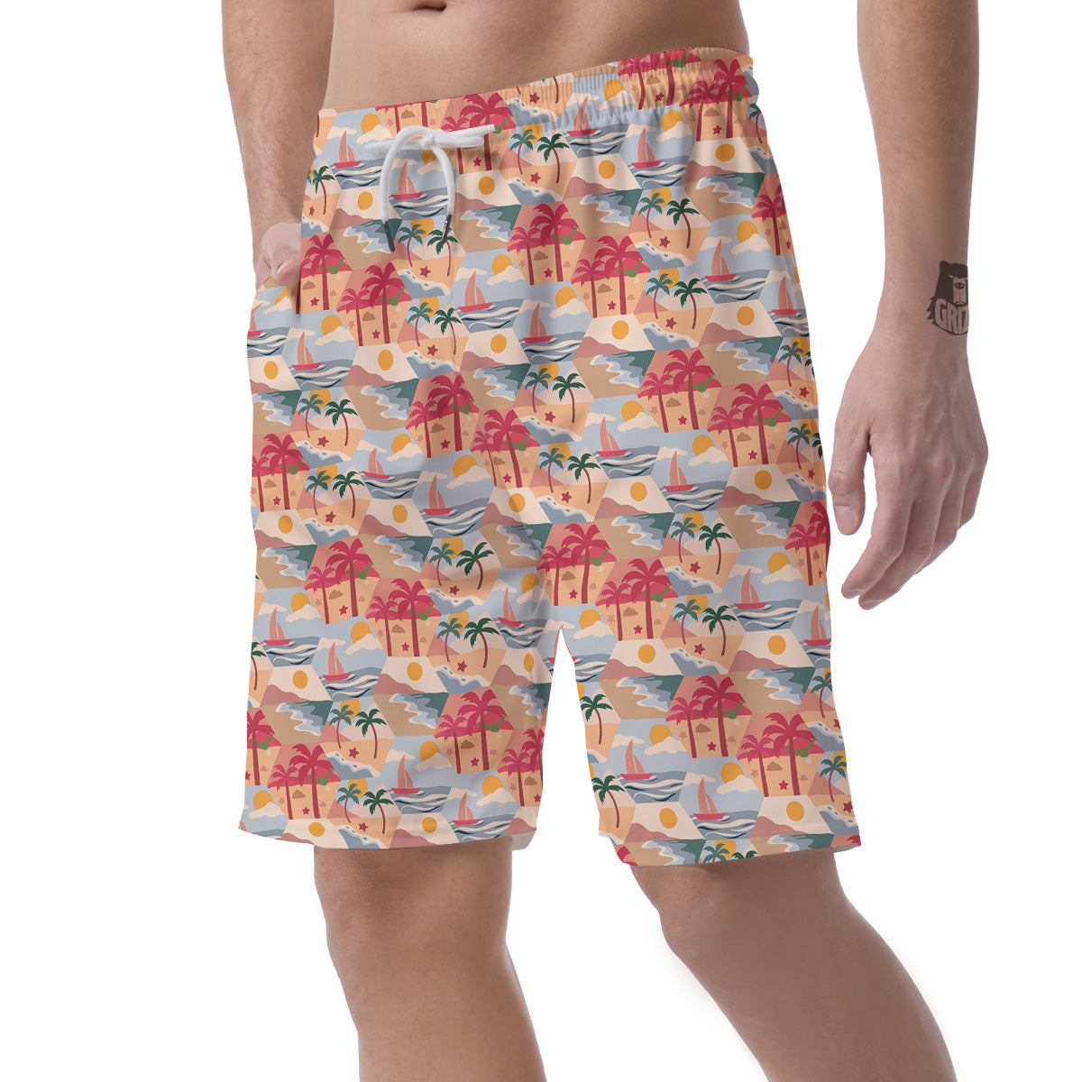 Patchwork Beach And Sunset Sky Print Pattern Men's Shorts-grizzshop