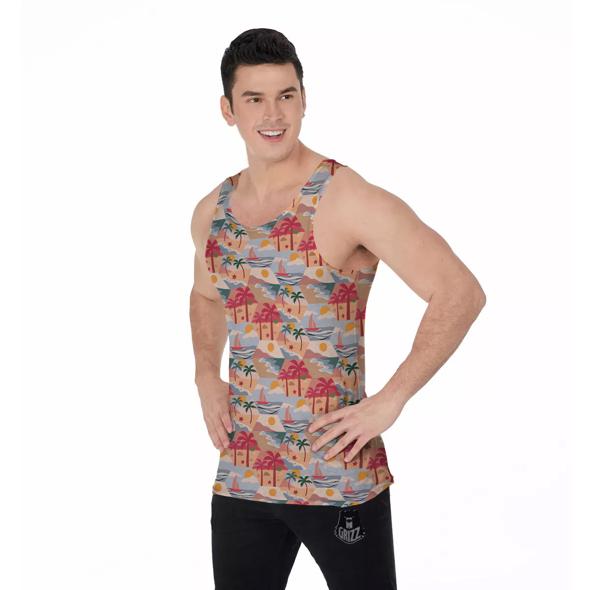 Patchwork Beach And Sunset Sky Print Pattern Men's Tank Top-grizzshop