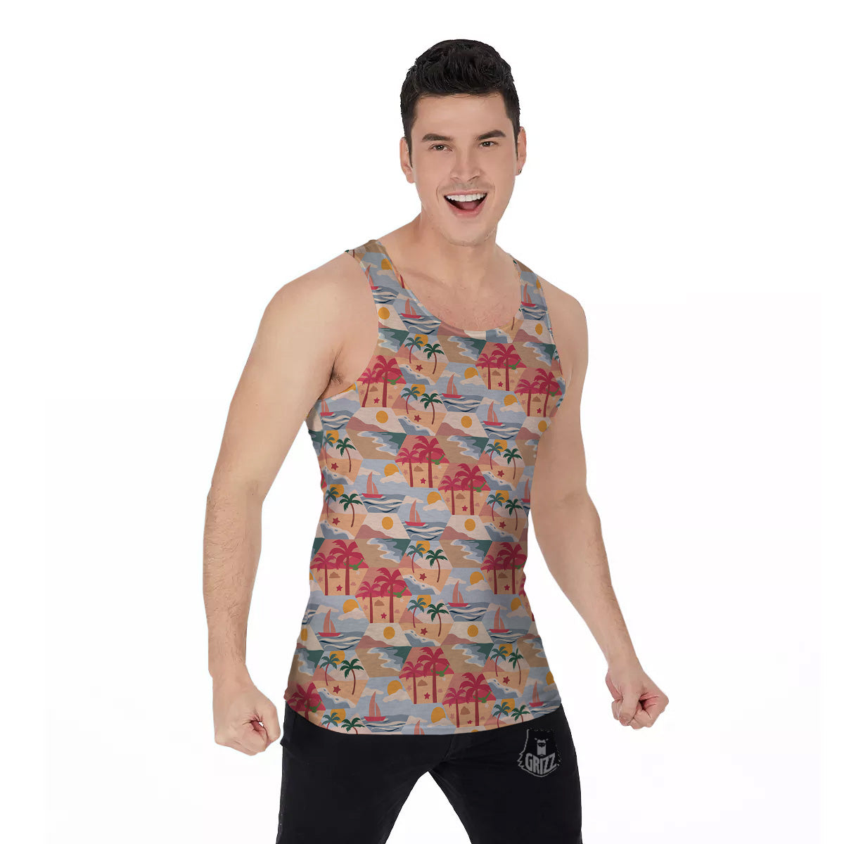 Patchwork Beach And Sunset Sky Print Pattern Men's Tank Top-grizzshop