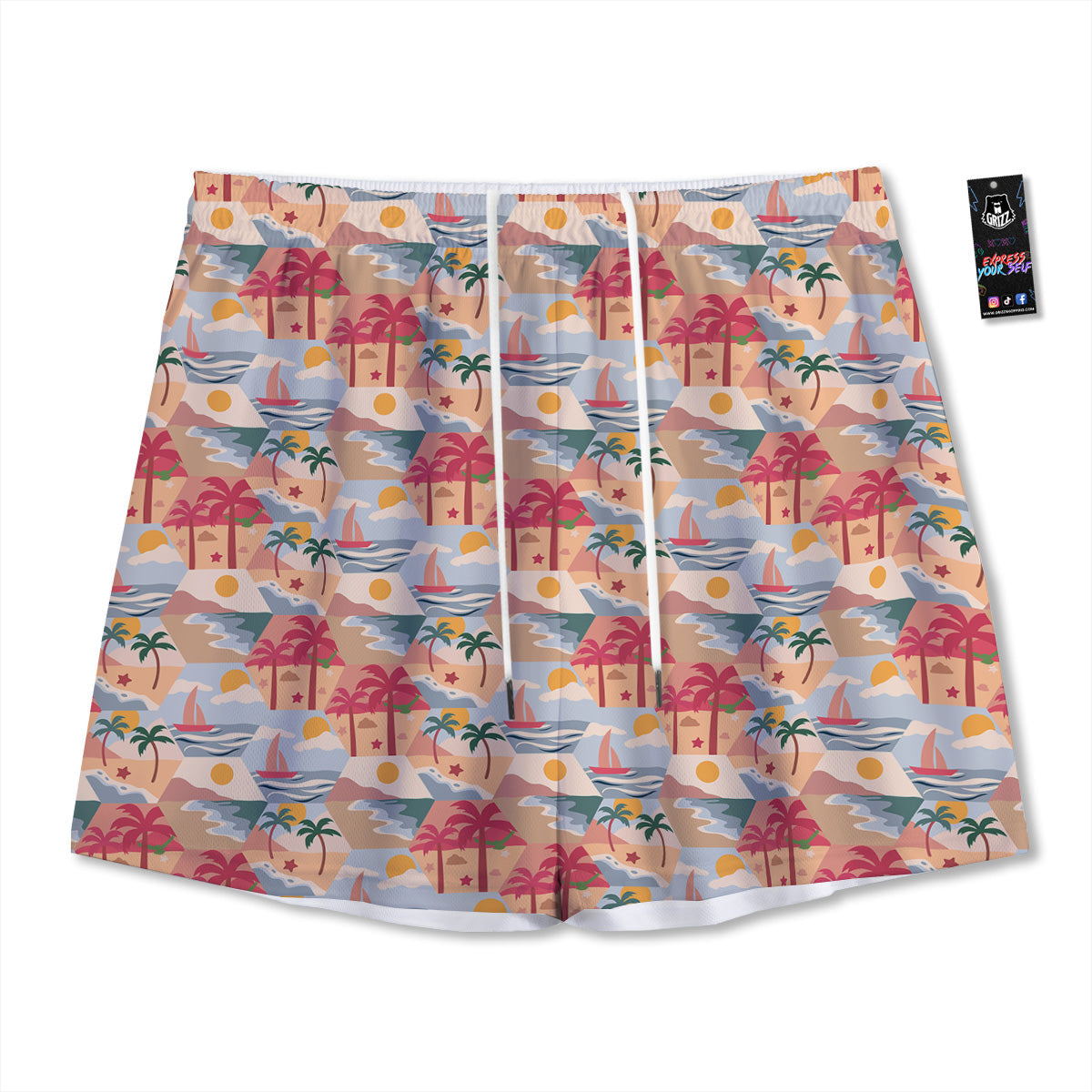 Patchwork Beach And Sunset Sky Print Pattern Mesh Shorts-grizzshop