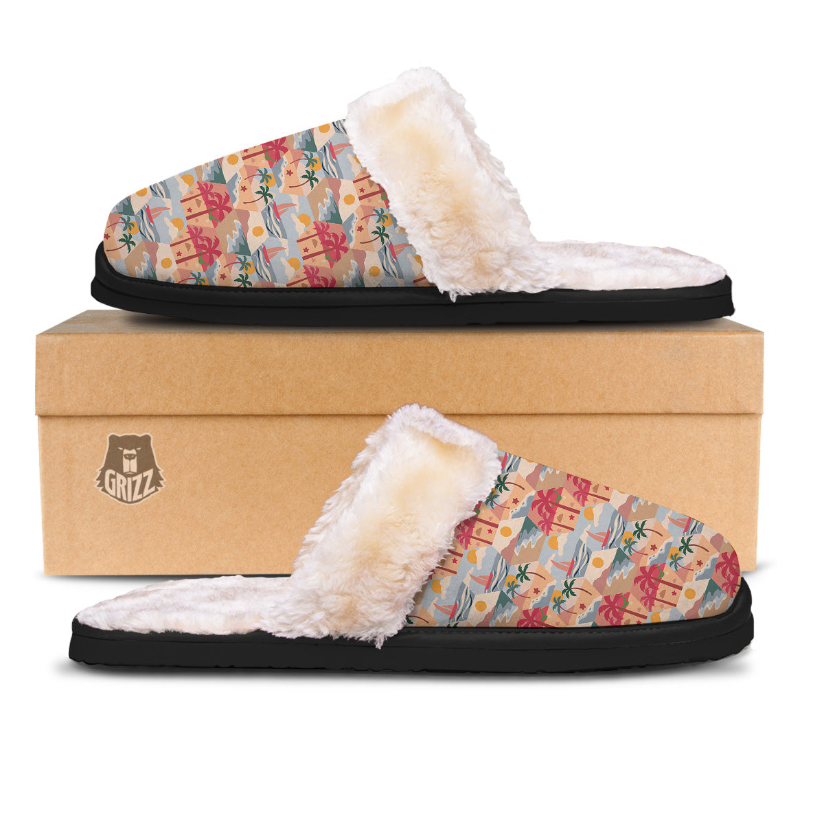 Patchwork Beach And Sunset Sky Print Pattern Slippers-grizzshop
