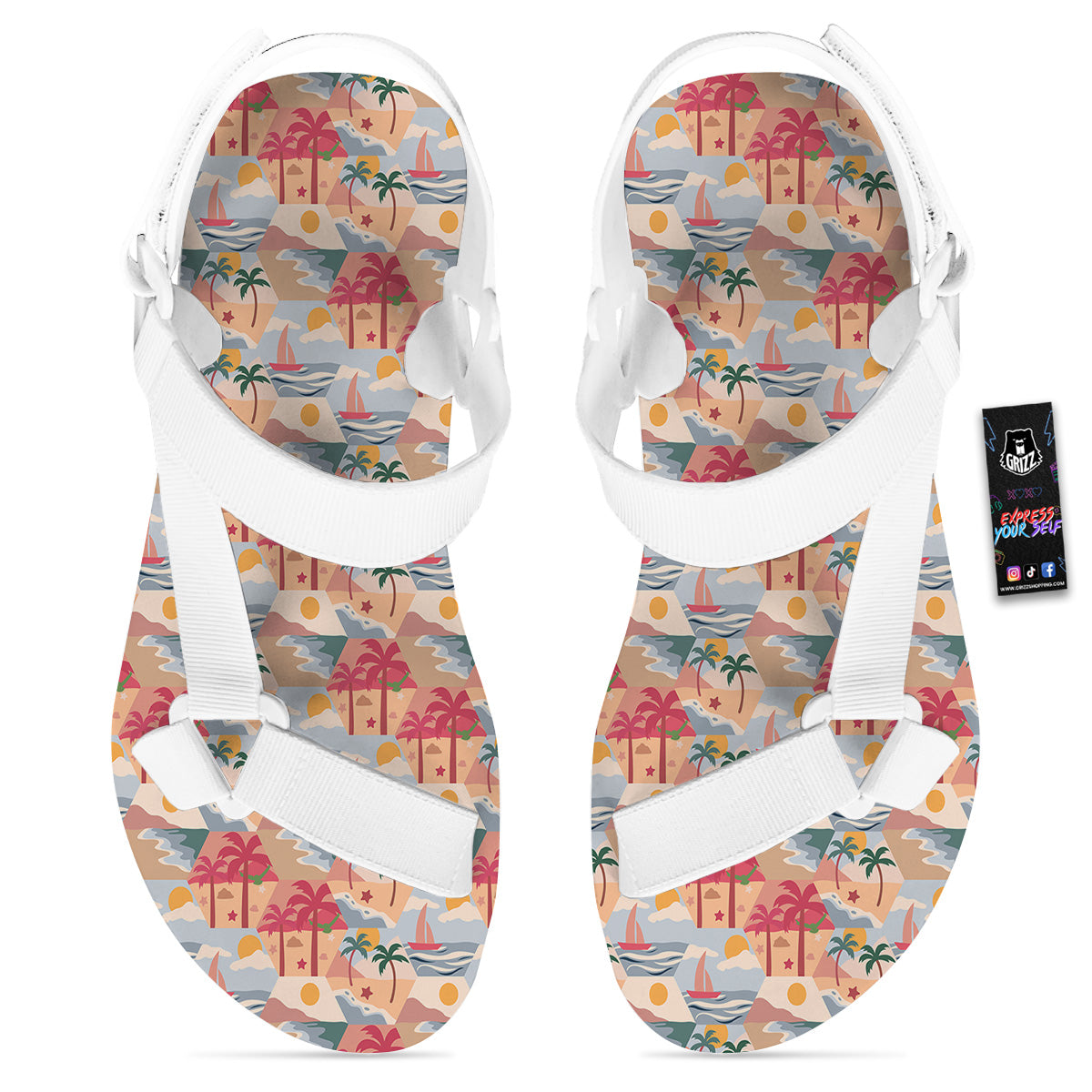 Patchwork Beach And Sunset Sky Print Pattern White Open Toe Sandals-grizzshop