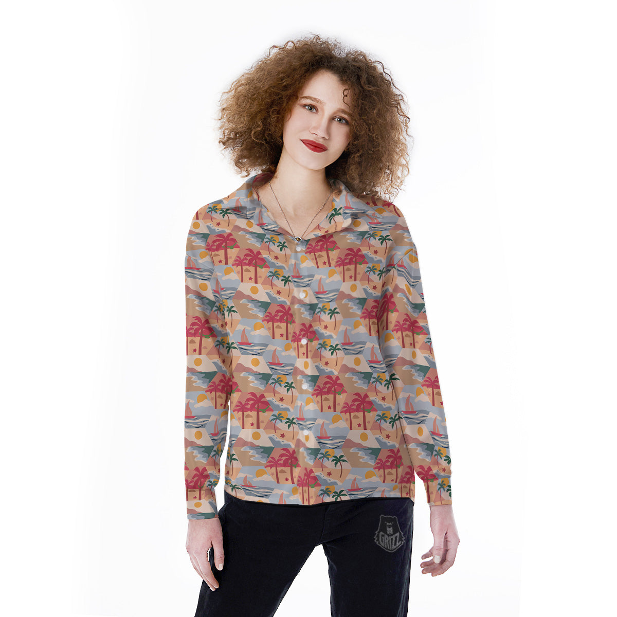 Patchwork Beach And Sunset Sky Print Pattern Women's Long Sleeve Shirts-grizzshop