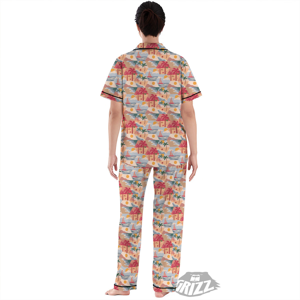 Patchwork Beach And Sunset Sky Print Pattern Women's Pajamas Set-grizzshop