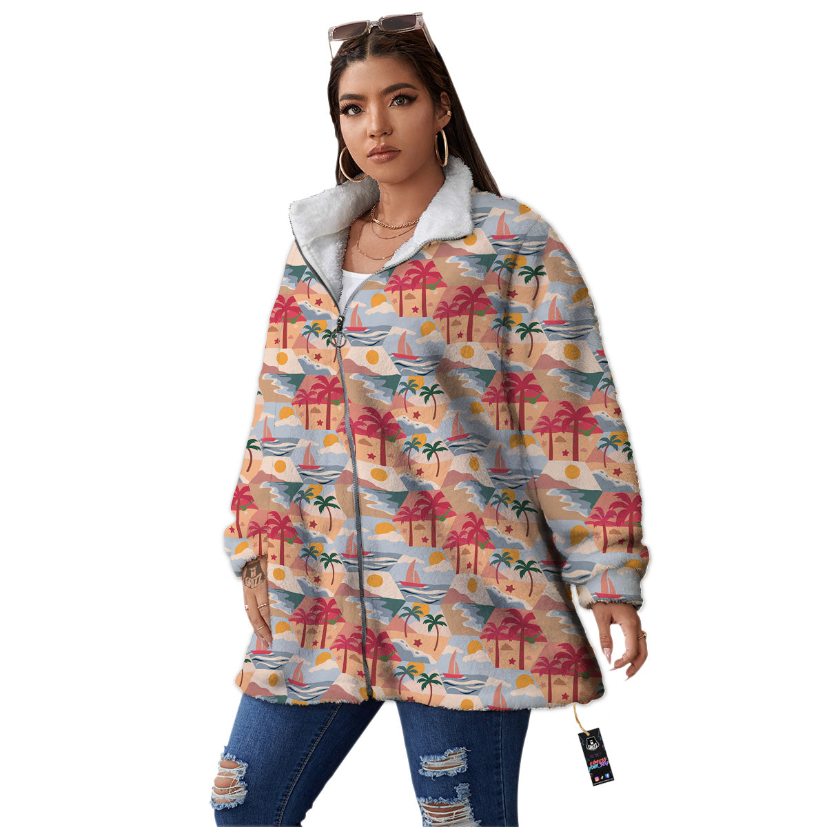 Patchwork Beach And Sunset Sky Print Pattern Women's Sherpa Jacket-grizzshop