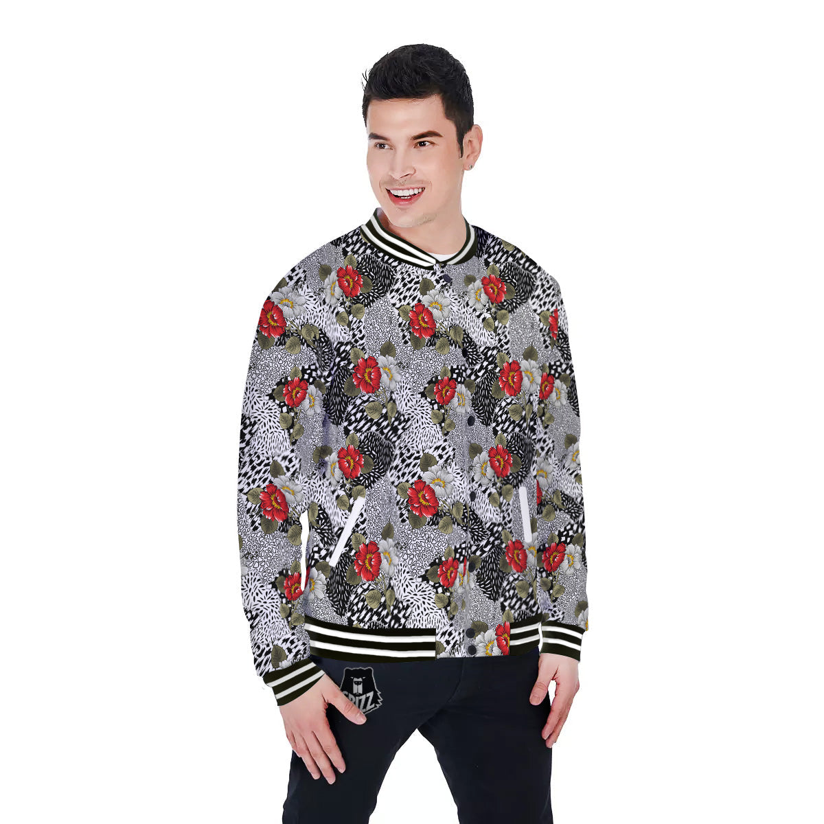 Patchwork Black White And Floral Print Pattern Baseball Jacket-grizzshop