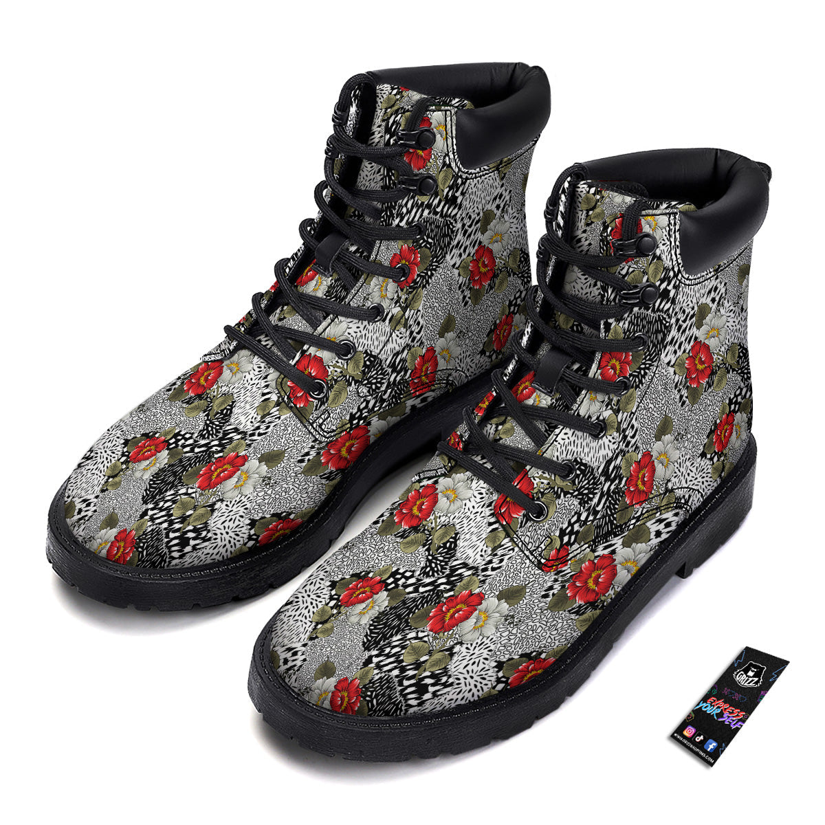 Patchwork Black White And Floral Print Pattern Boots-grizzshop