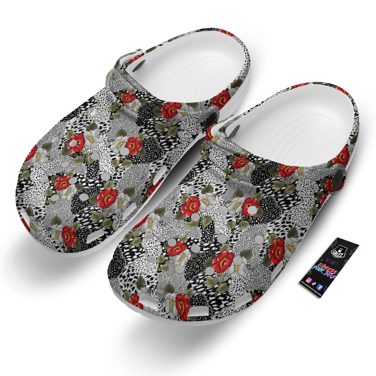 Patchwork Black White And Floral Print Pattern Clog-grizzshop