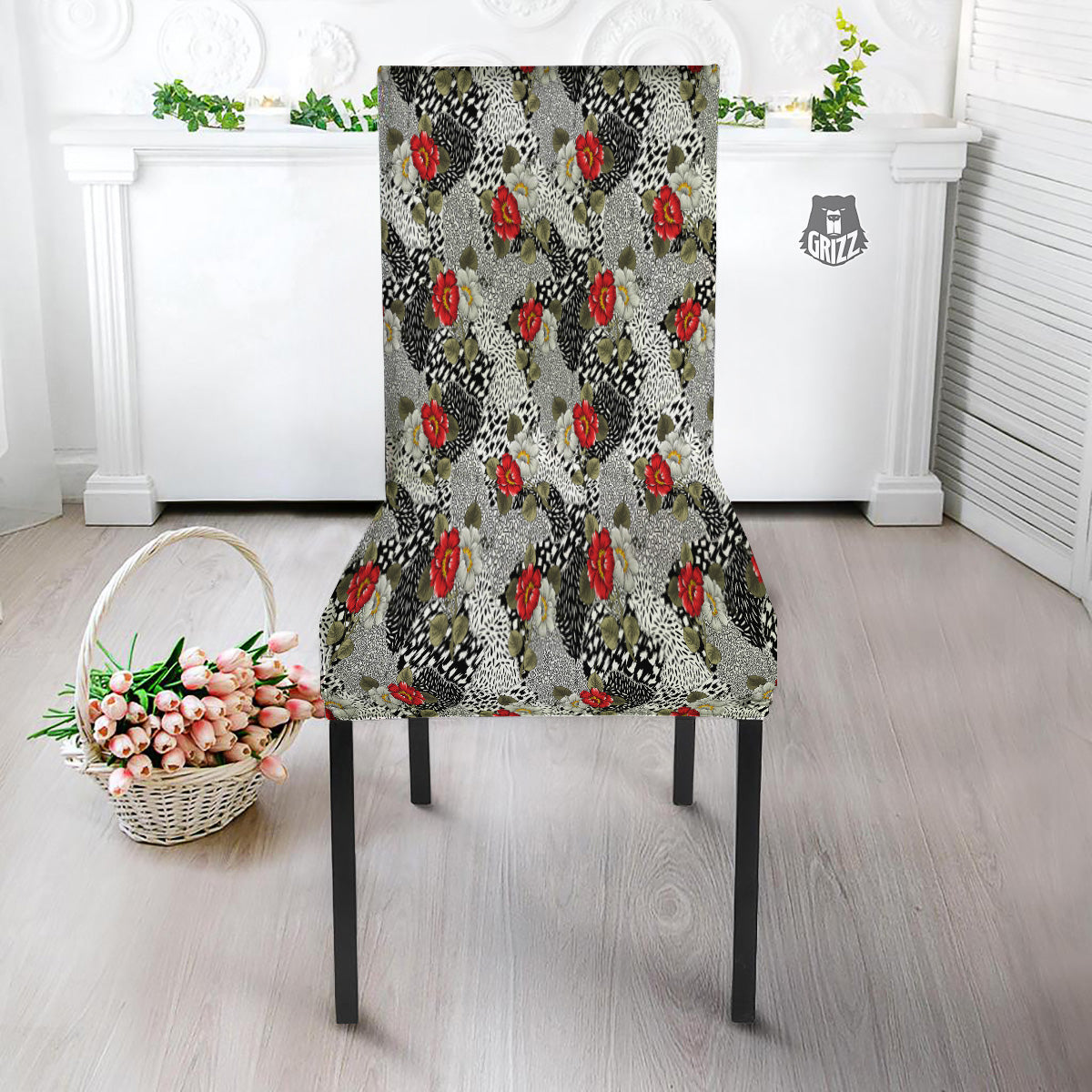 Patchwork Black White And Floral Print Pattern Dining Chair Slipcover-grizzshop
