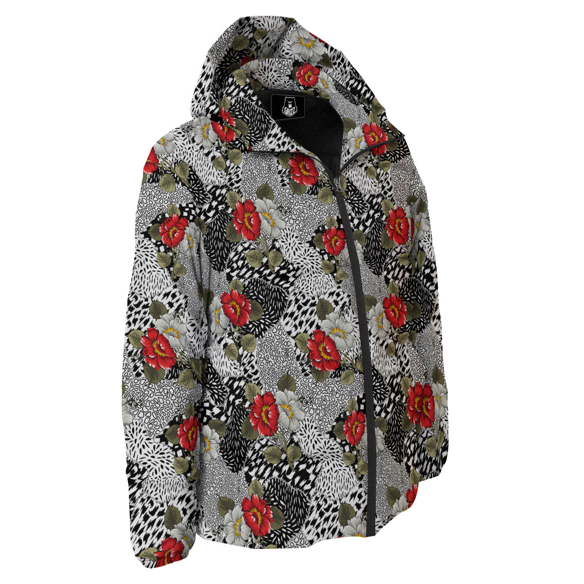 Patchwork Black White And Floral Print Pattern Down Jacket-grizzshop
