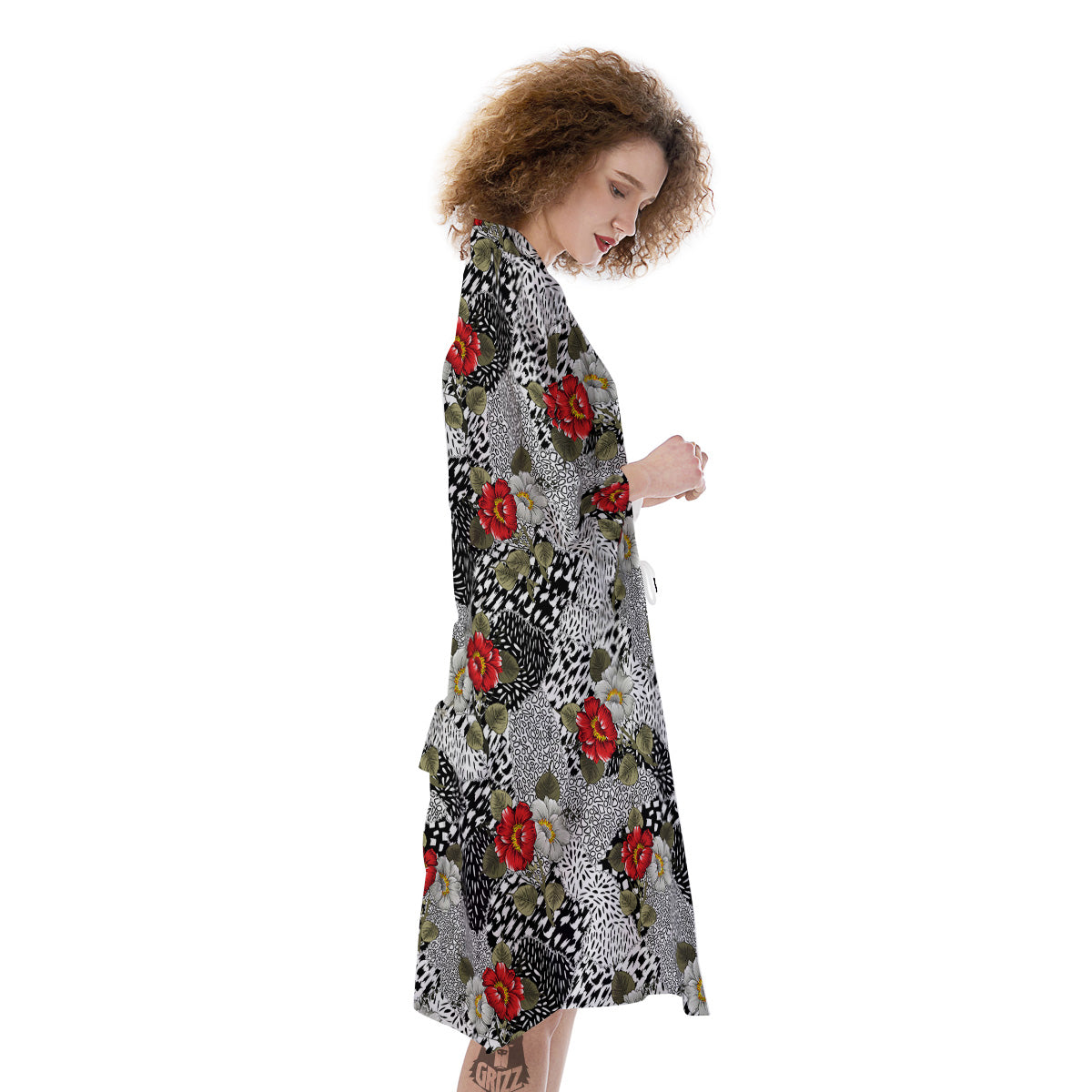 Patchwork Black White And Floral Print Pattern Kimono-grizzshop