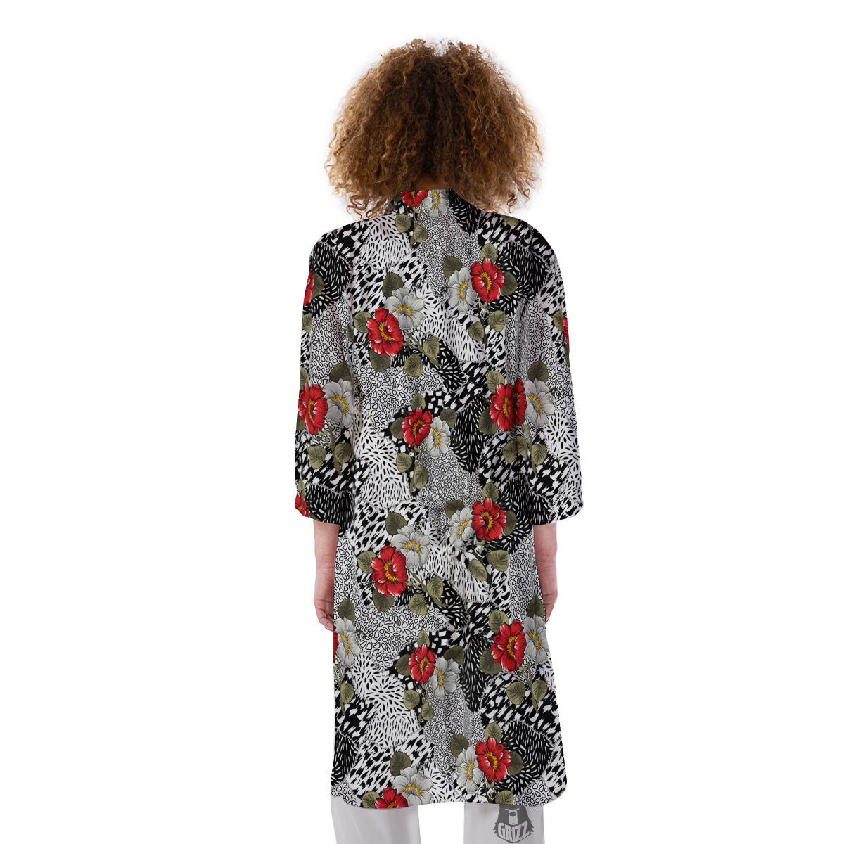 Patchwork Black White And Floral Print Pattern Kimono-grizzshop