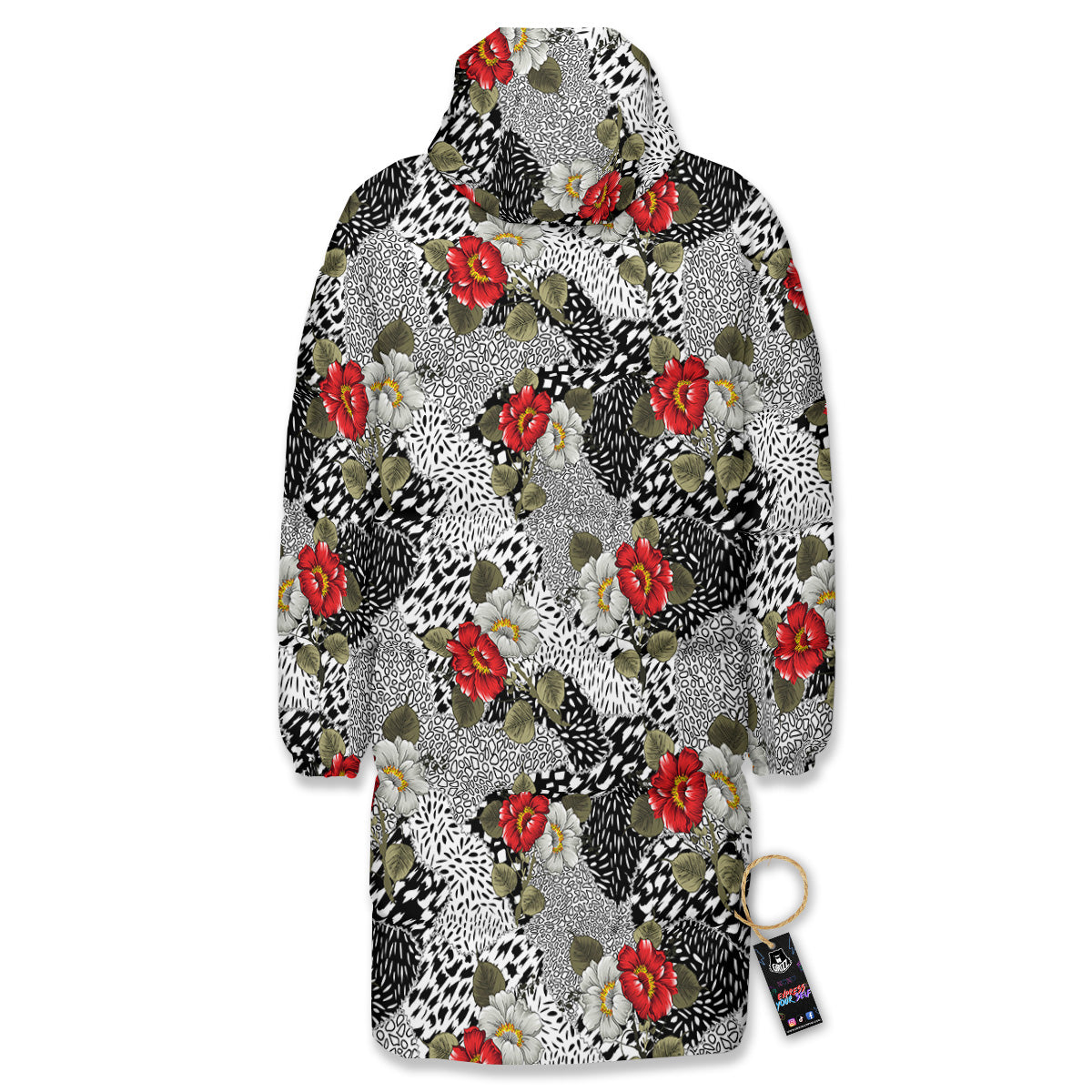 Patchwork Black White And Floral Print Pattern Long Down Jacket-grizzshop