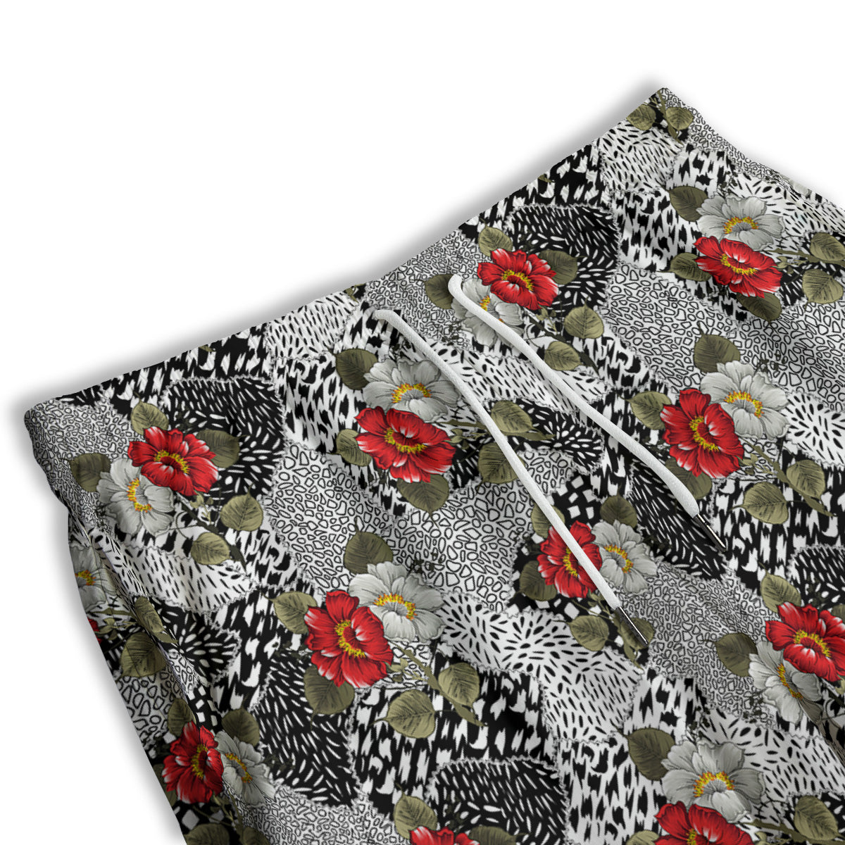 Patchwork Black White And Floral Print Pattern Men's Athletic Shorts