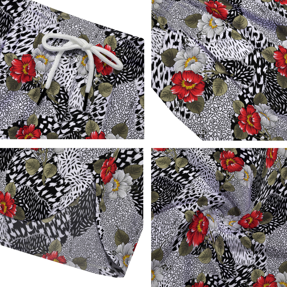 Patchwork Black White And Floral Print Pattern Men's Running Shorts-grizzshop