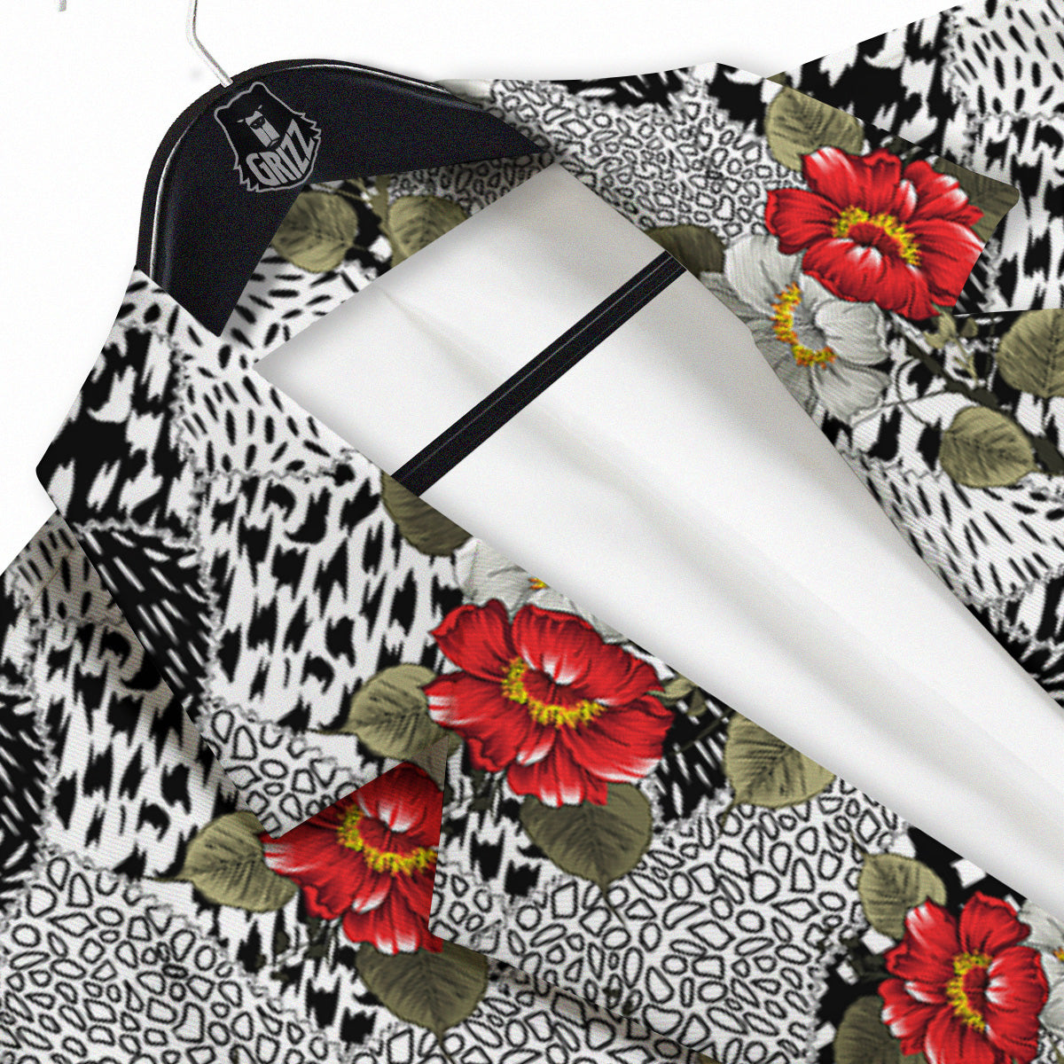 Patchwork Black White And Floral Print Pattern Men's Sport Coat-grizzshop
