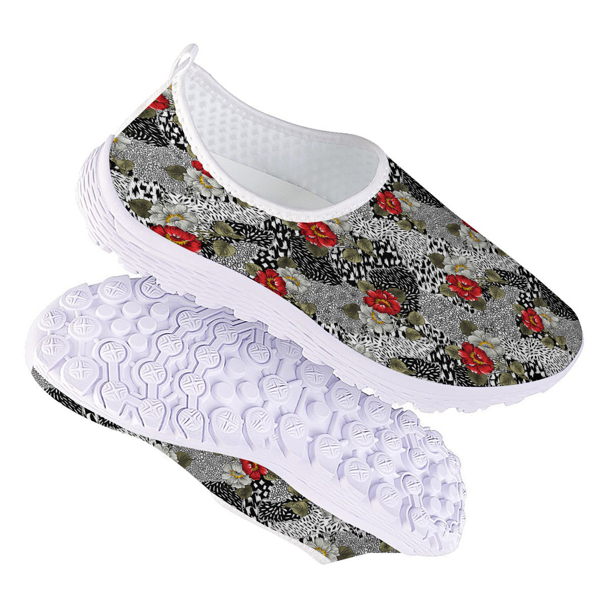 Patchwork Black White And Floral Print Pattern Nurse Shoes-grizzshop