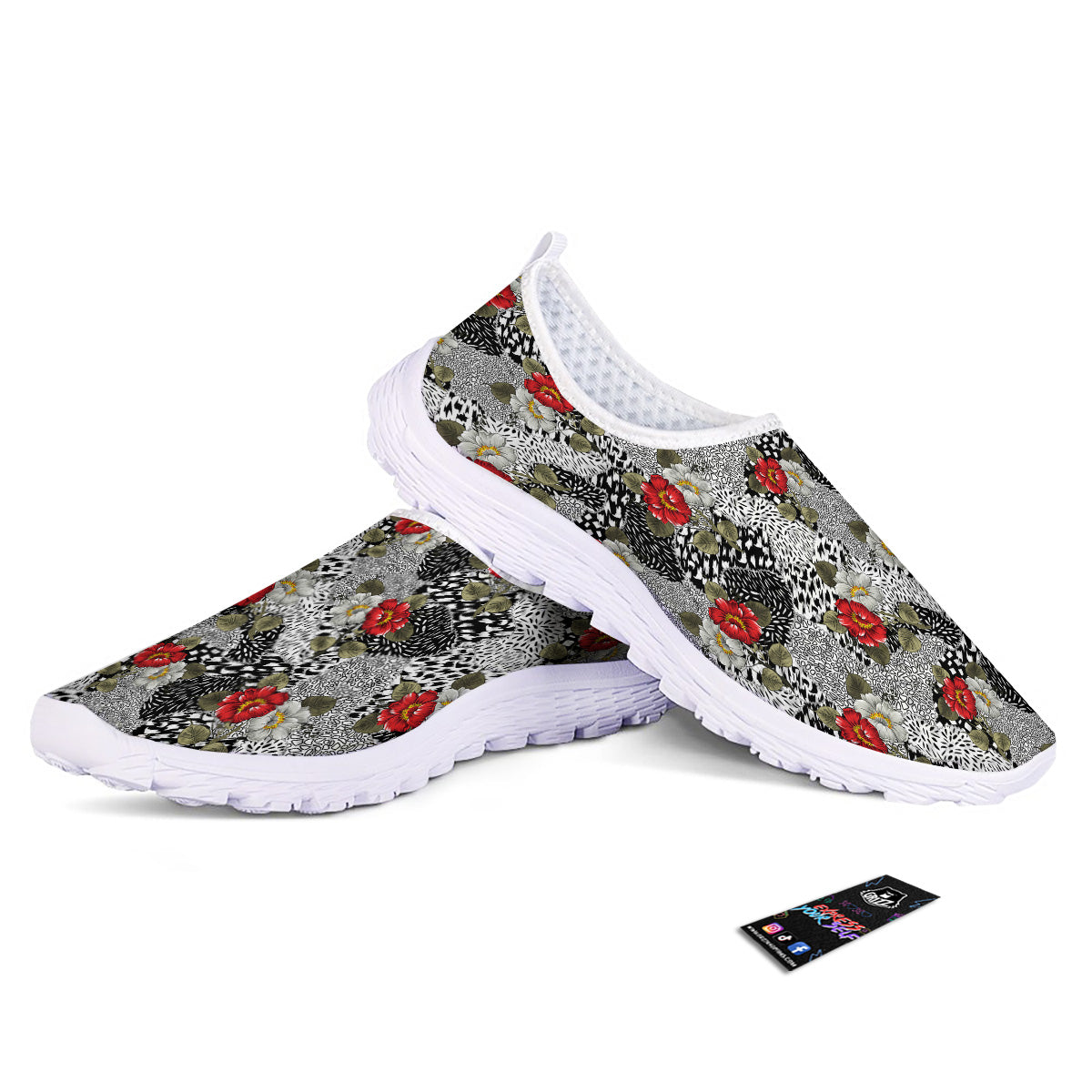 Patchwork Black White And Floral Print Pattern Nurse Shoes-grizzshop
