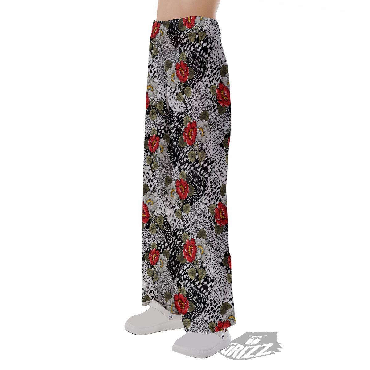 Patchwork Black White And Floral Print Pattern Pajama Pants-grizzshop