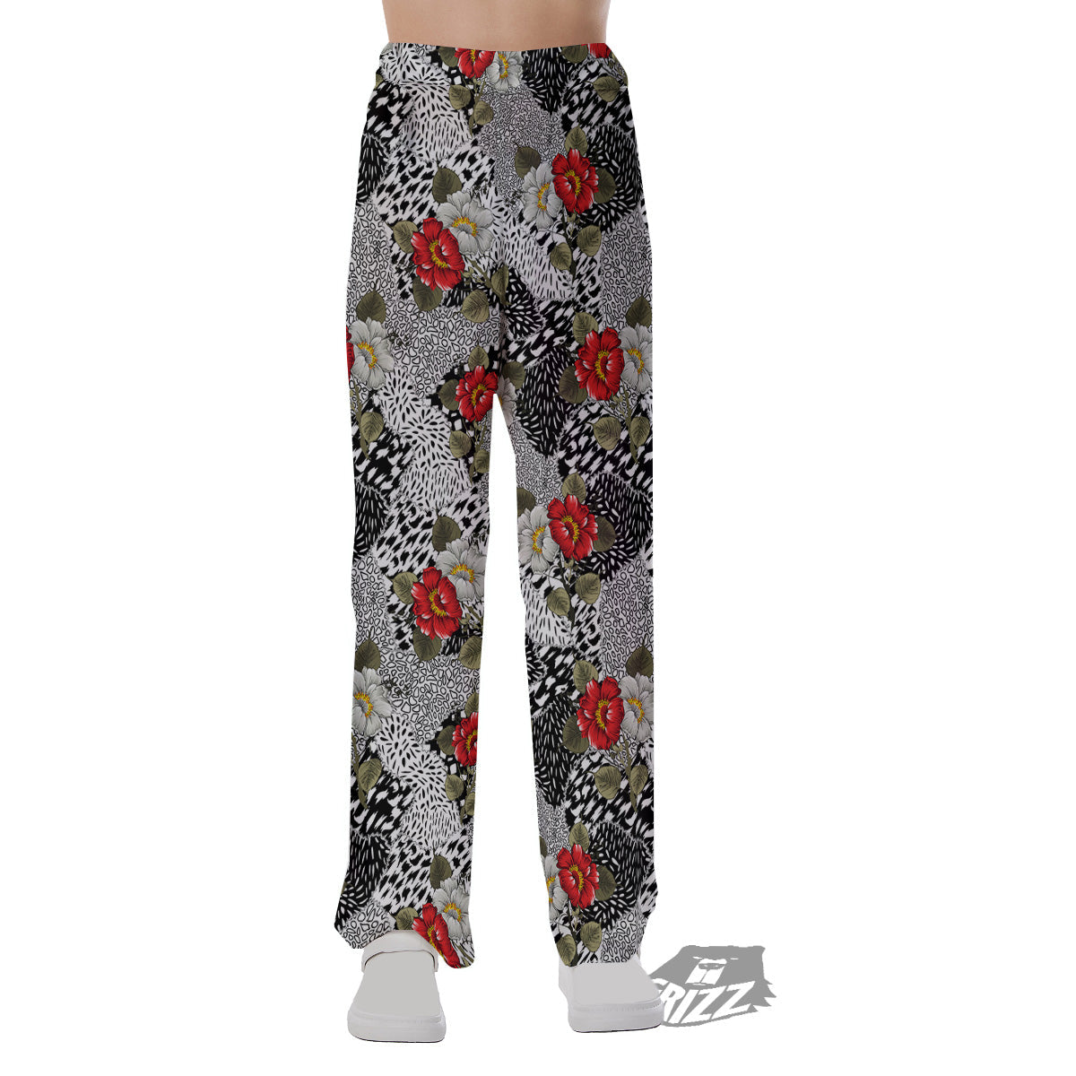 Patchwork Black White And Floral Print Pattern Pajama Pants-grizzshop
