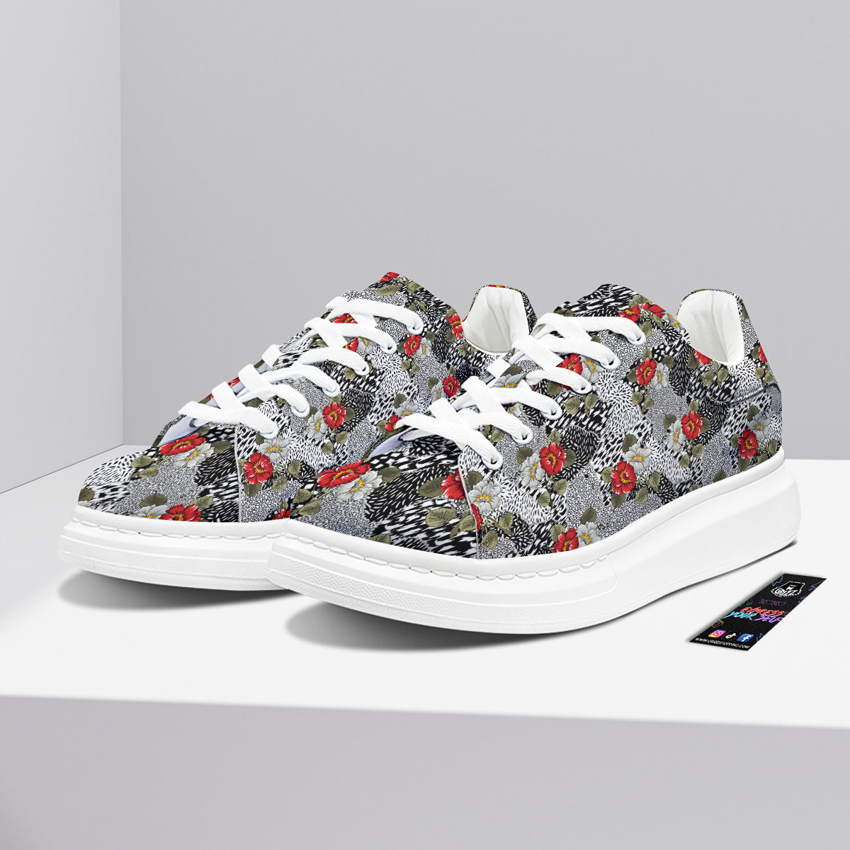 Patchwork Black White And Floral Print Pattern Platform Shoes-grizzshop