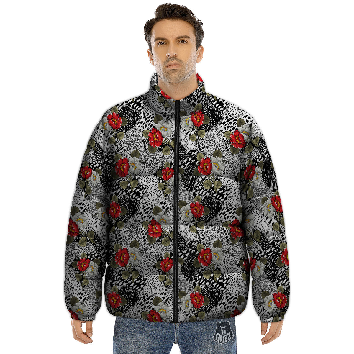 Patchwork Black White And Floral Print Pattern Puffer Jacket-grizzshop