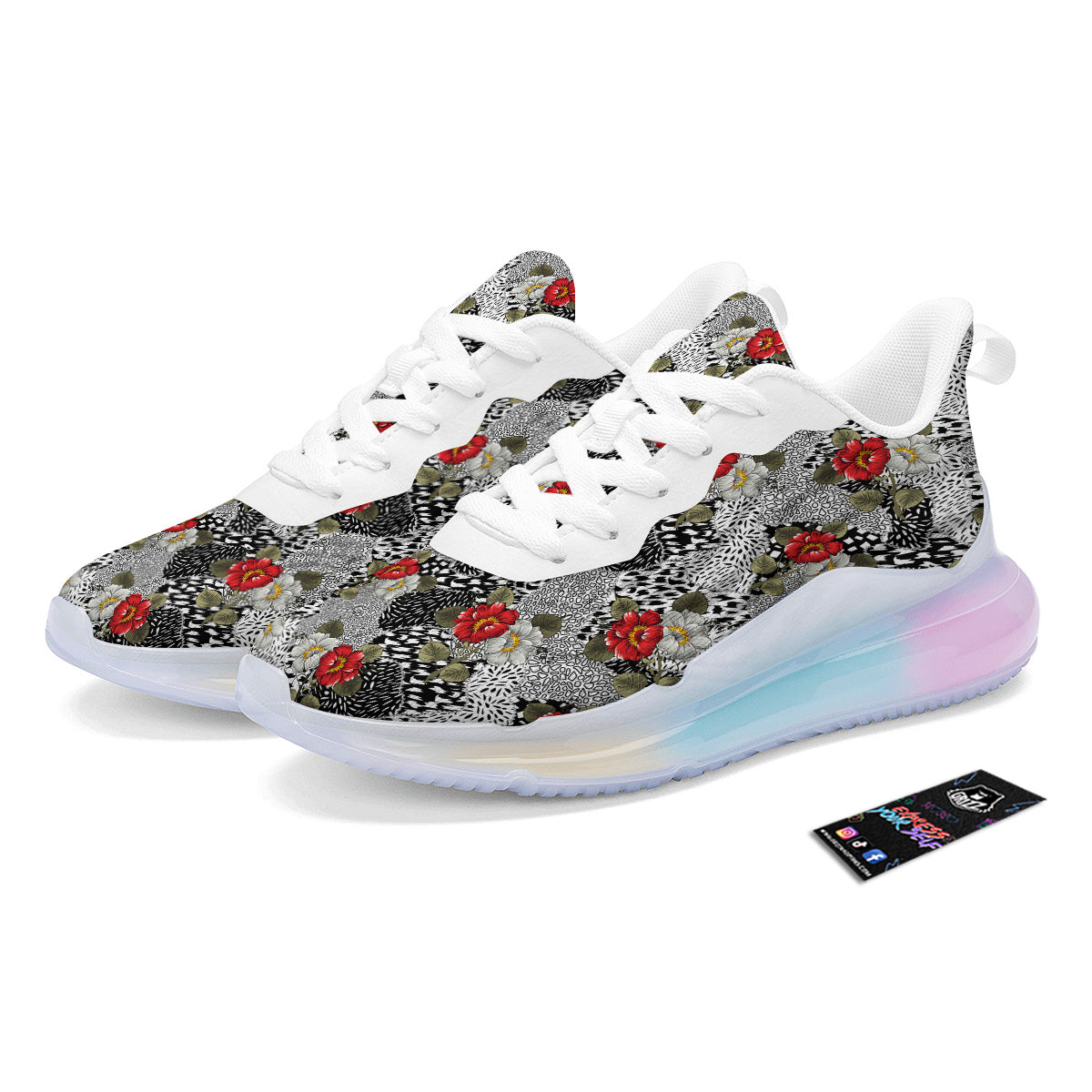 Patchwork Black White And Floral Print Pattern Running Sneakers-grizzshop