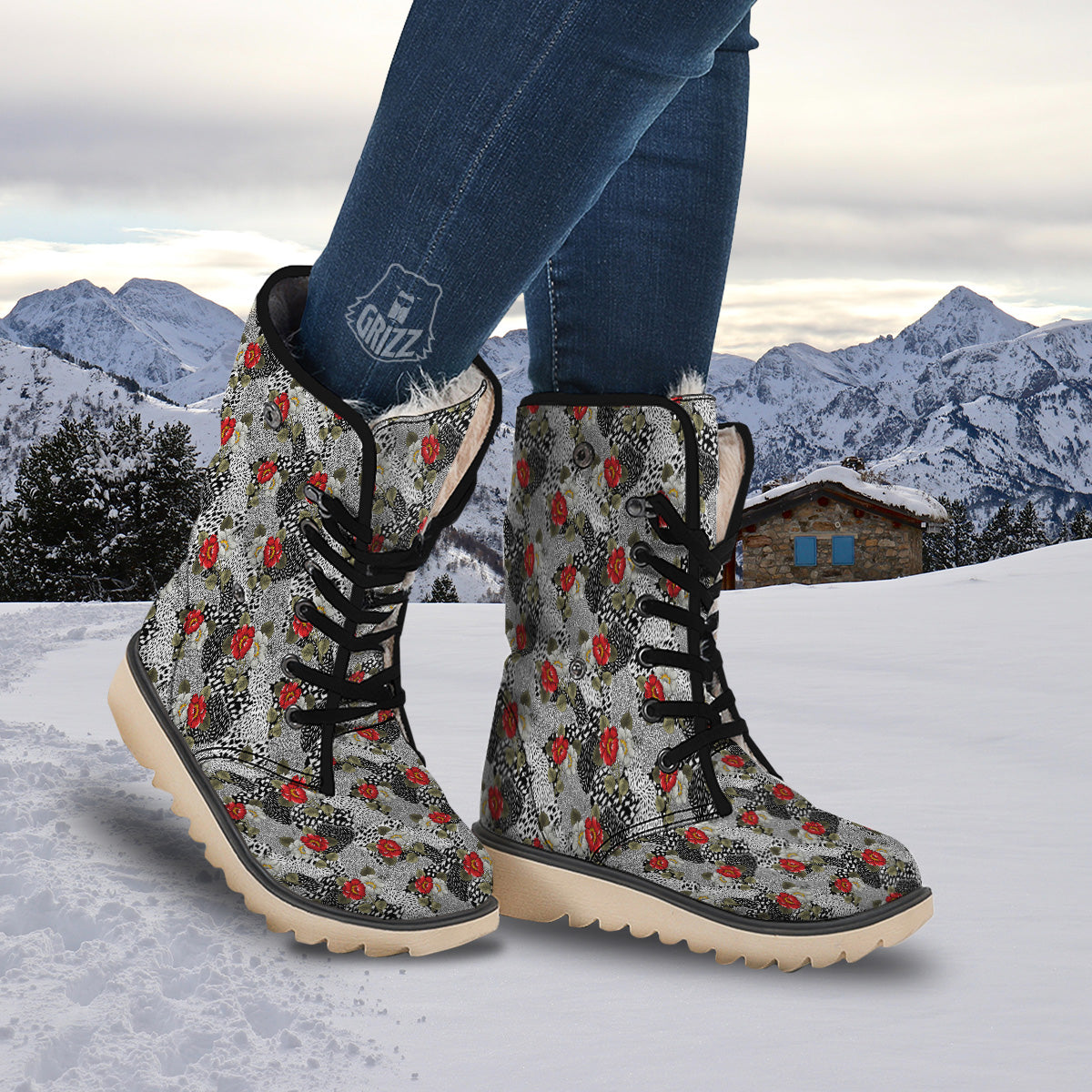 Patchwork Black White And Floral Print Pattern Snow Boots-grizzshop