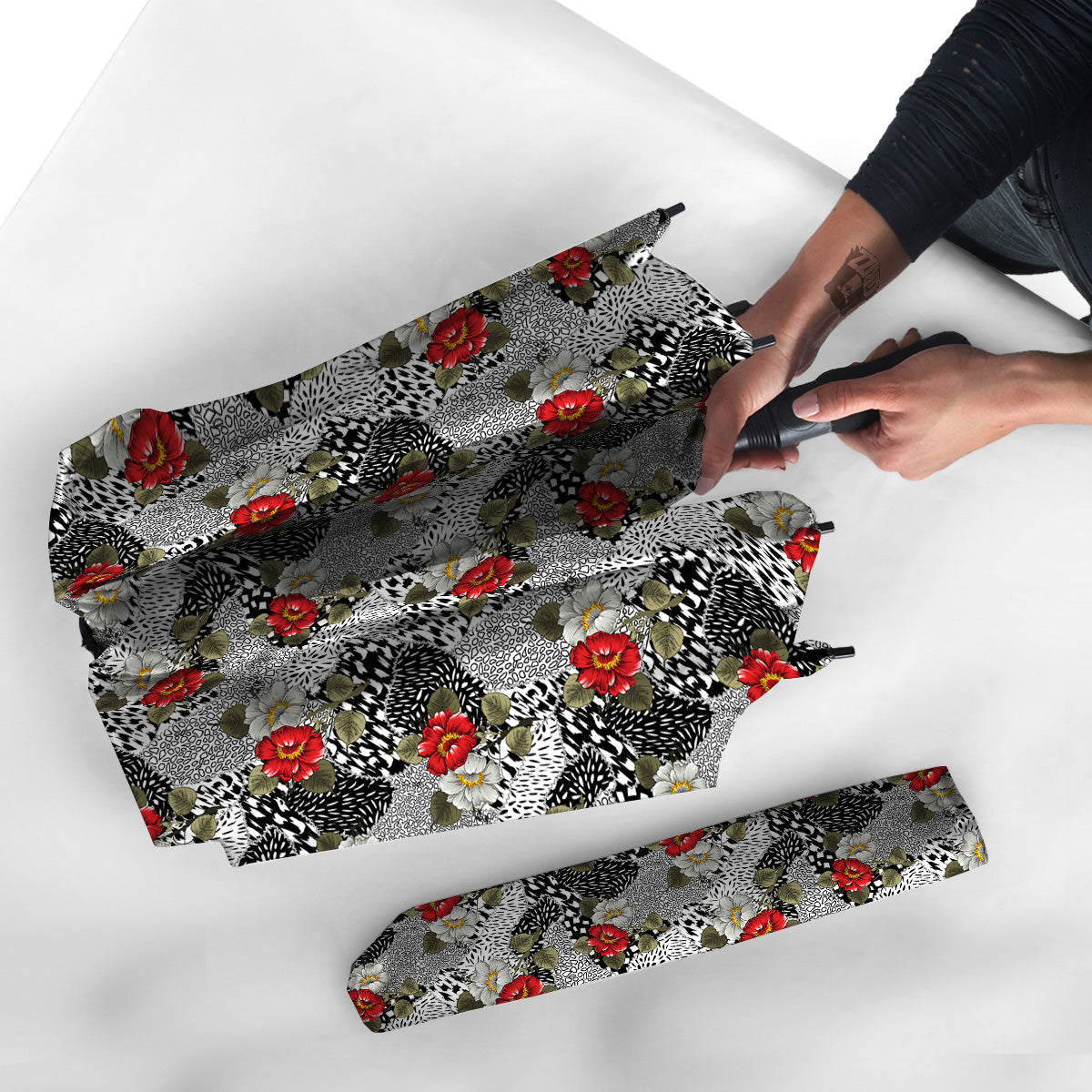 Patchwork Black White And Floral Print Pattern Umbrella-grizzshop
