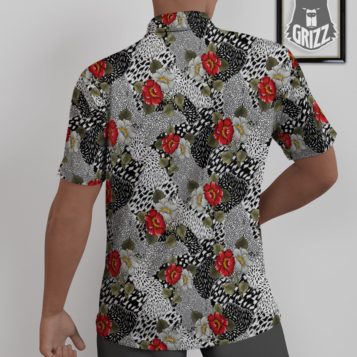 Patchwork Black White And Floral Print Pattern Untucked Shirts-grizzshop