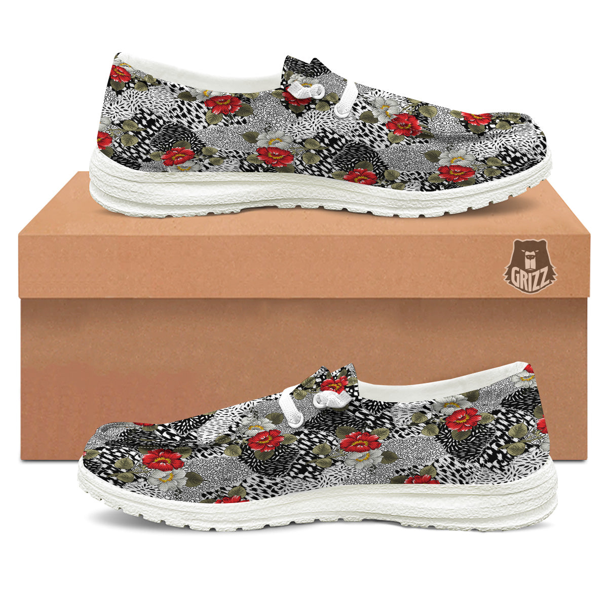 Patchwork Black White And Floral Print Pattern White Loafers-grizzshop