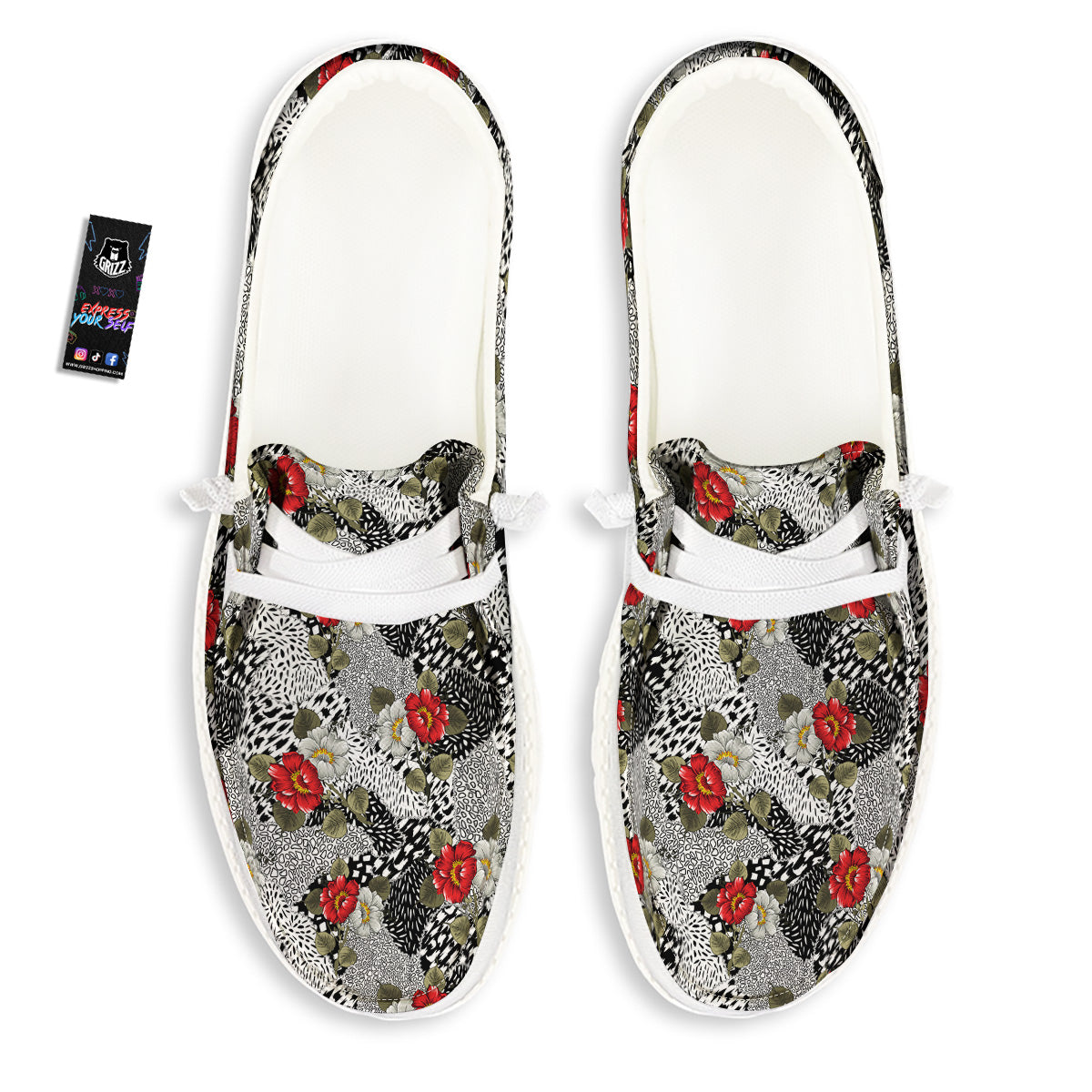 Patchwork Black White And Floral Print Pattern White Loafers-grizzshop