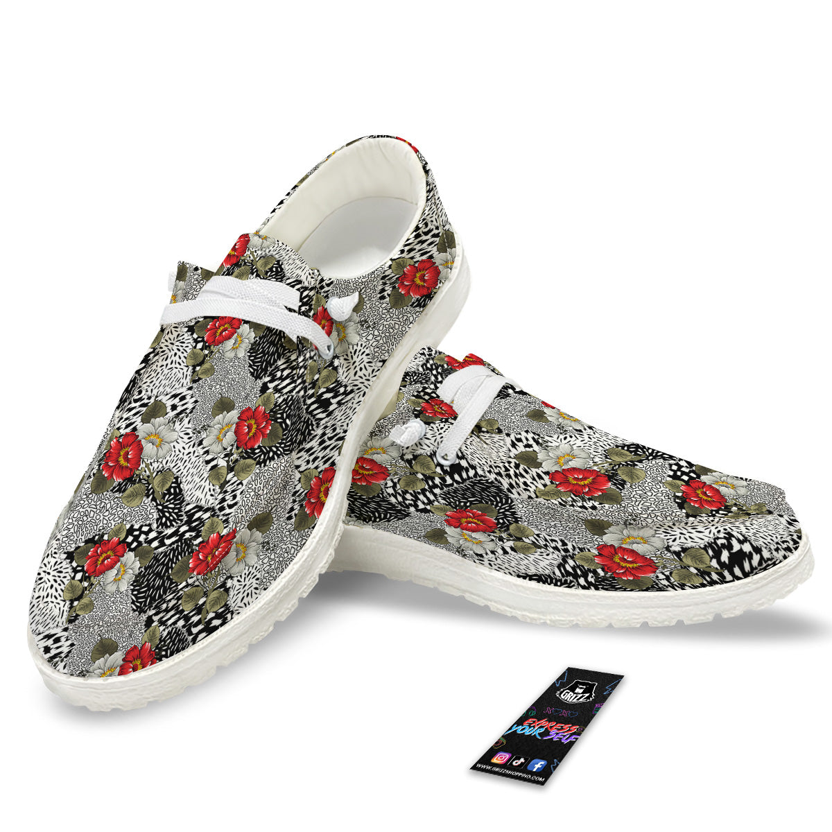 Patchwork Black White And Floral Print Pattern White Loafers-grizzshop