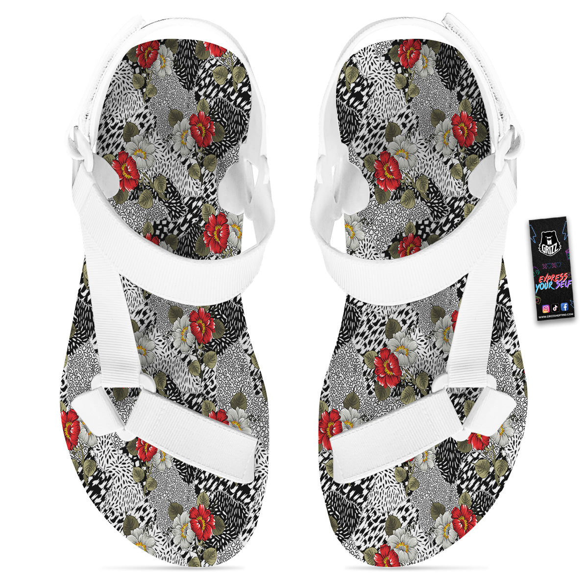 Patchwork Black White And Floral Print Pattern White Open Toe Sandals-grizzshop