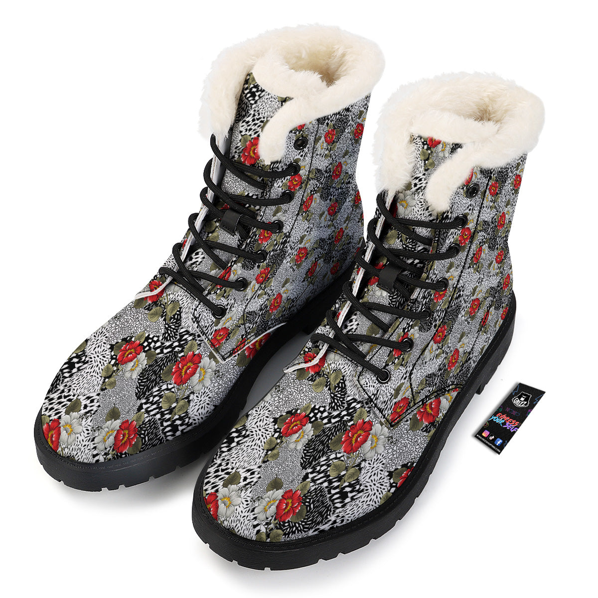 Patchwork Black White And Floral Print Pattern Winter Boots-grizzshop