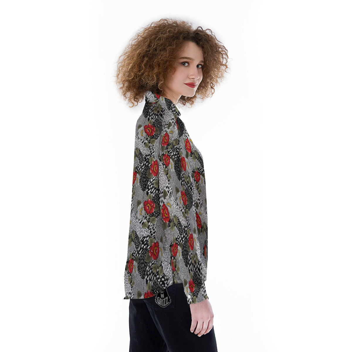 Patchwork Black White And Floral Print Pattern Women's Long Sleeve Shirts-grizzshop