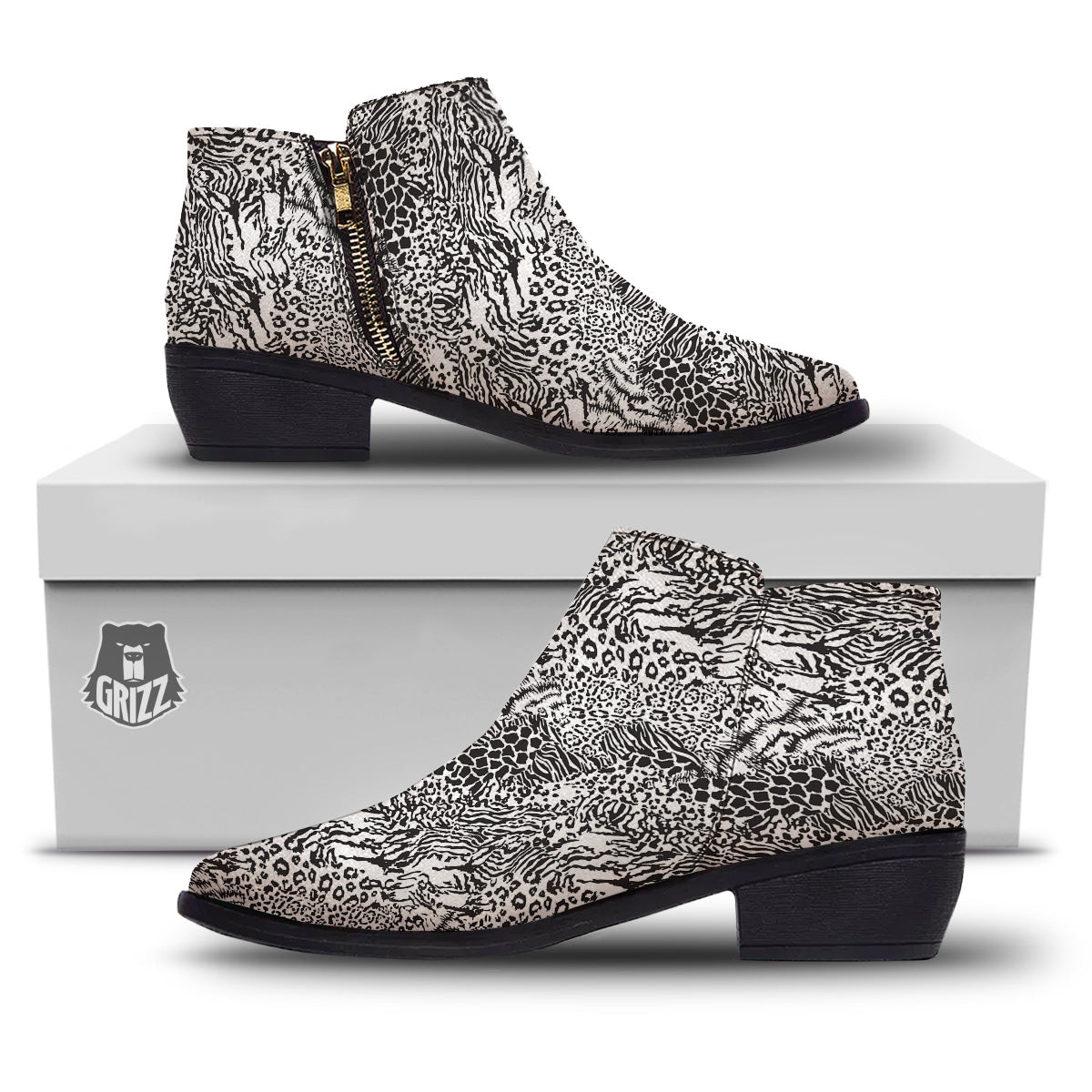 Patchwork Black White Animal Skins Print Pattern Ankle Boots-grizzshop