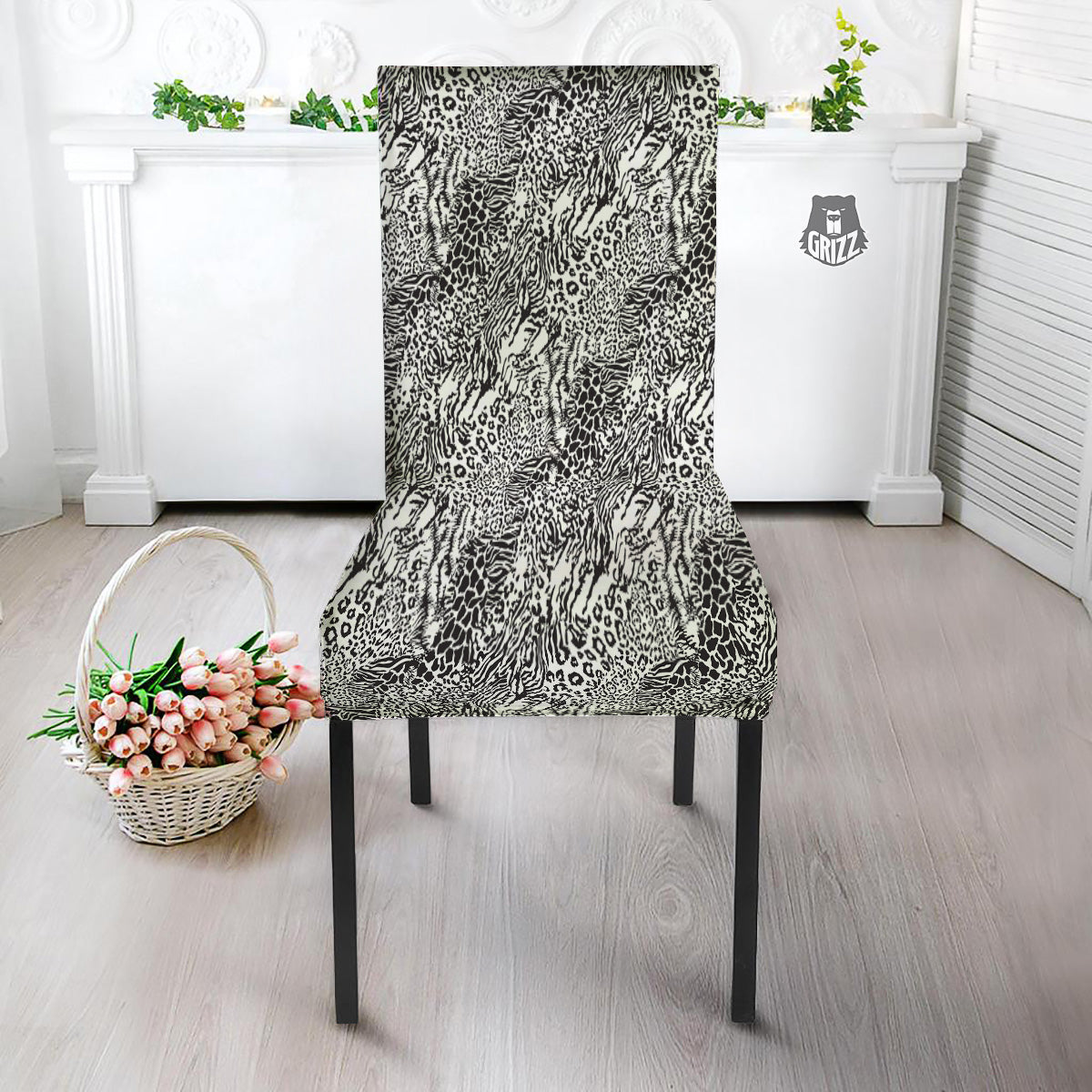 Patchwork Black White Animal Skins Print Pattern Dining Chair Slipcover-grizzshop