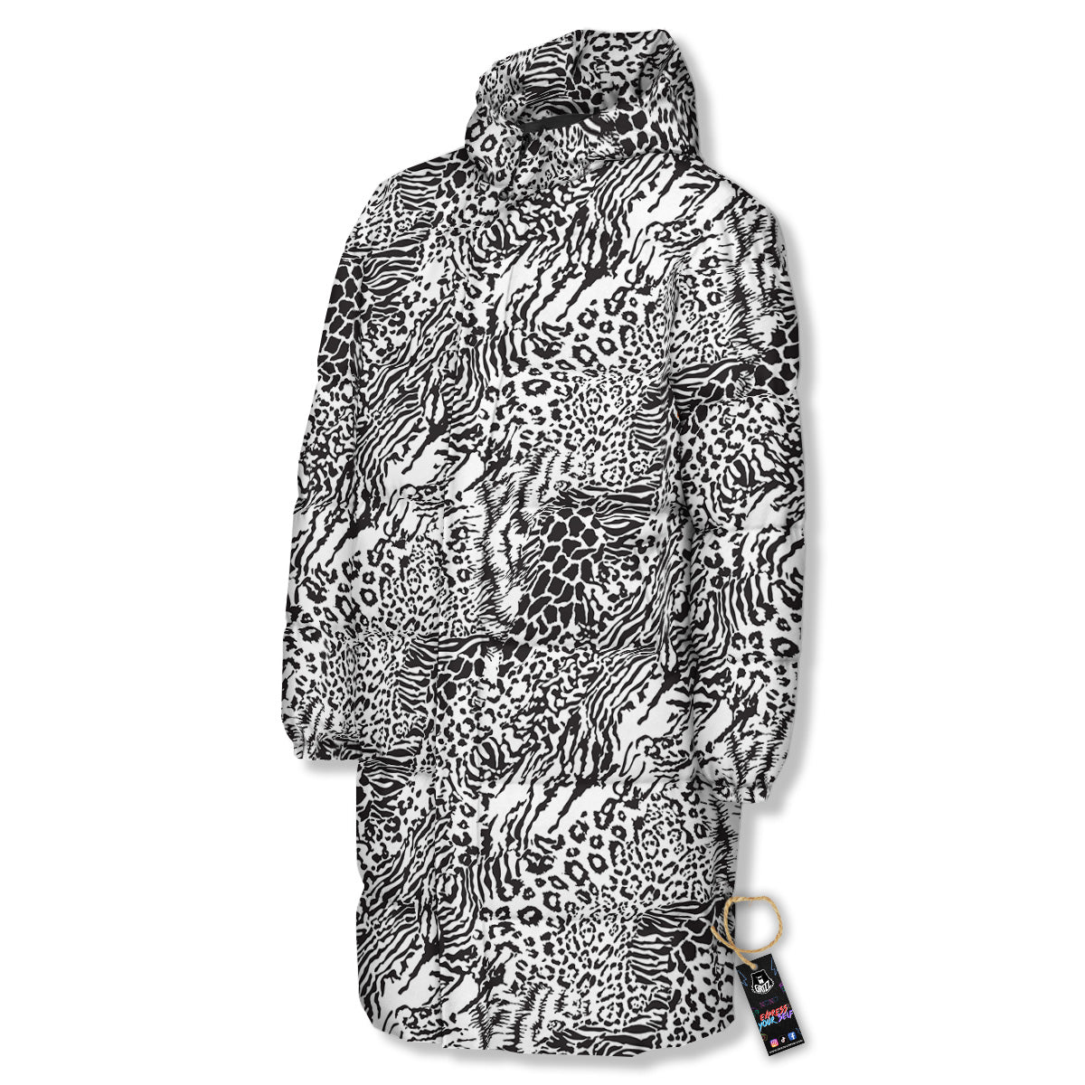 Patchwork Black White Animal Skins Print Pattern Long Down Jacket-grizzshop