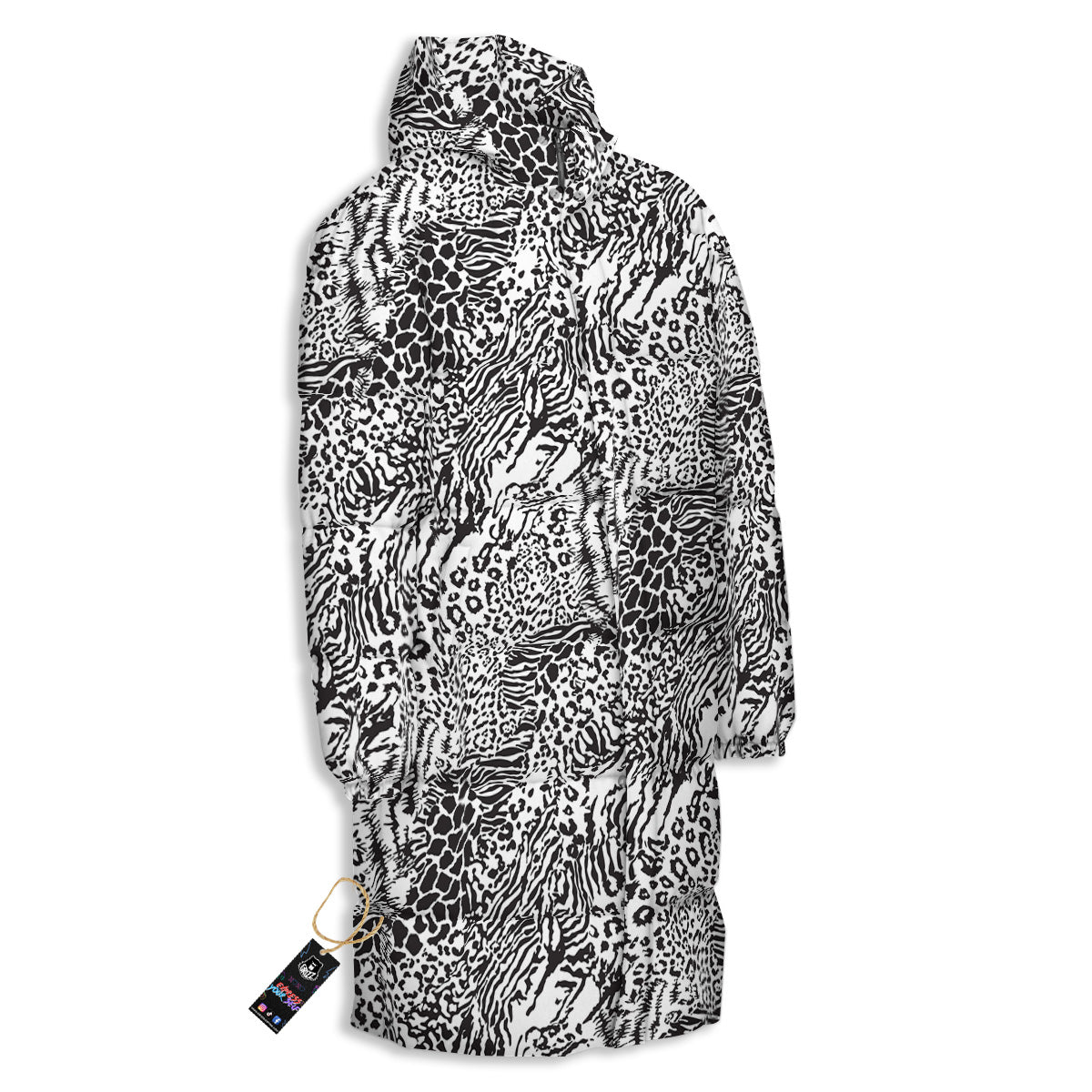 Patchwork Black White Animal Skins Print Pattern Long Down Jacket-grizzshop