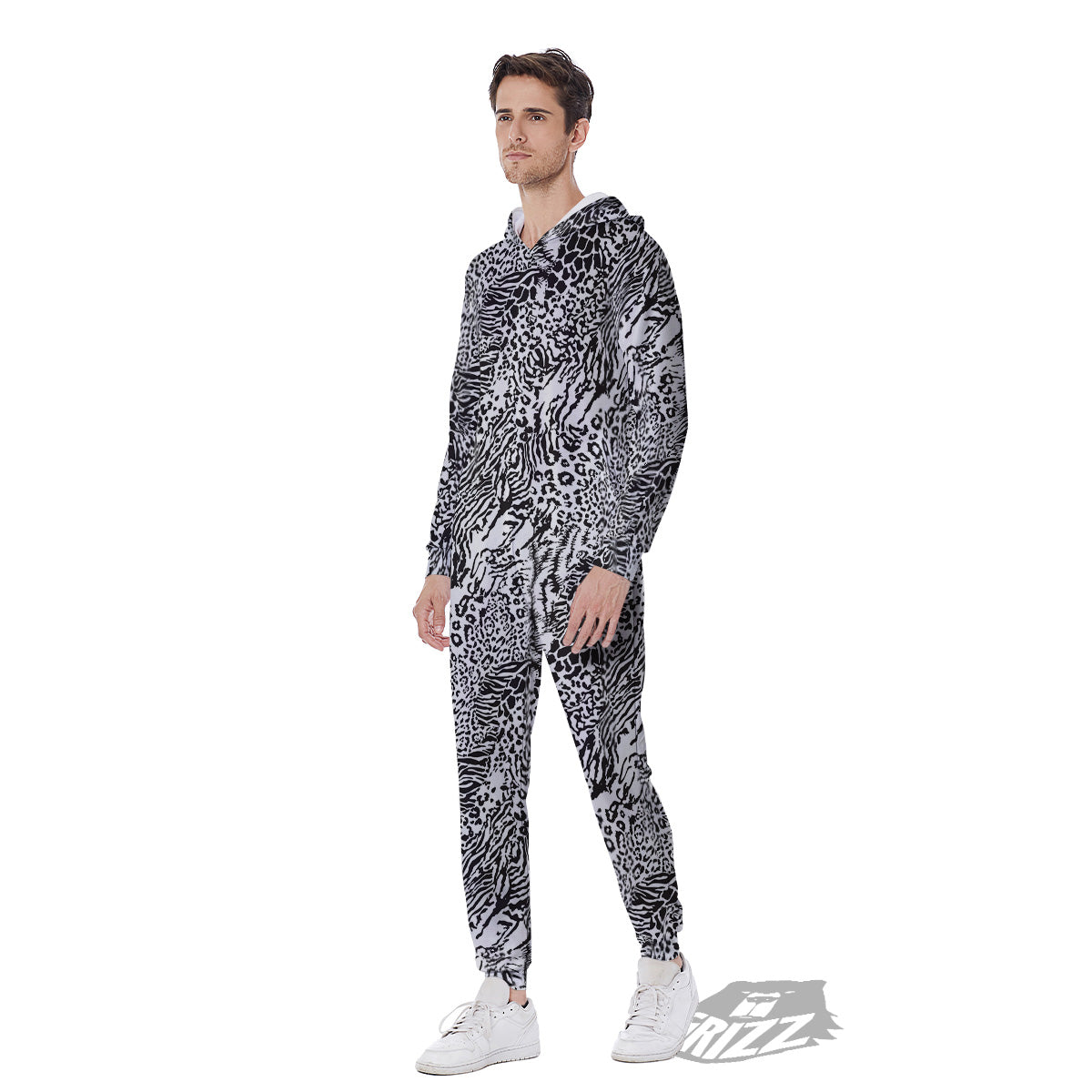 Patchwork Black White Animal Skins Print Pattern Men's Jumpsuit-grizzshop