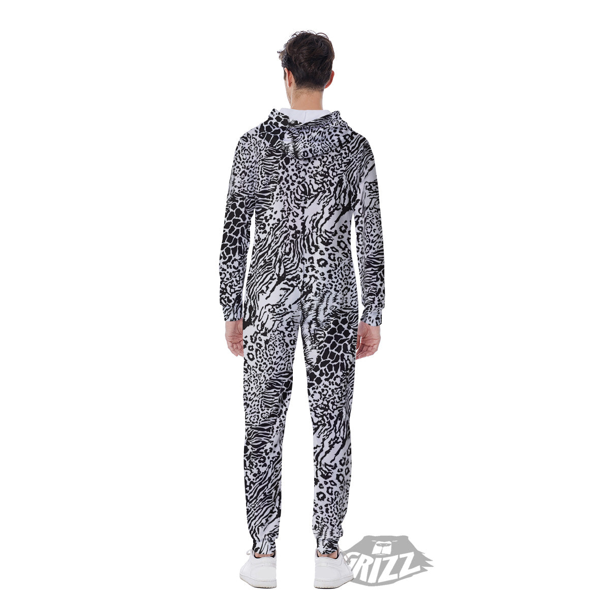 Patchwork Black White Animal Skins Print Pattern Men's Jumpsuit-grizzshop