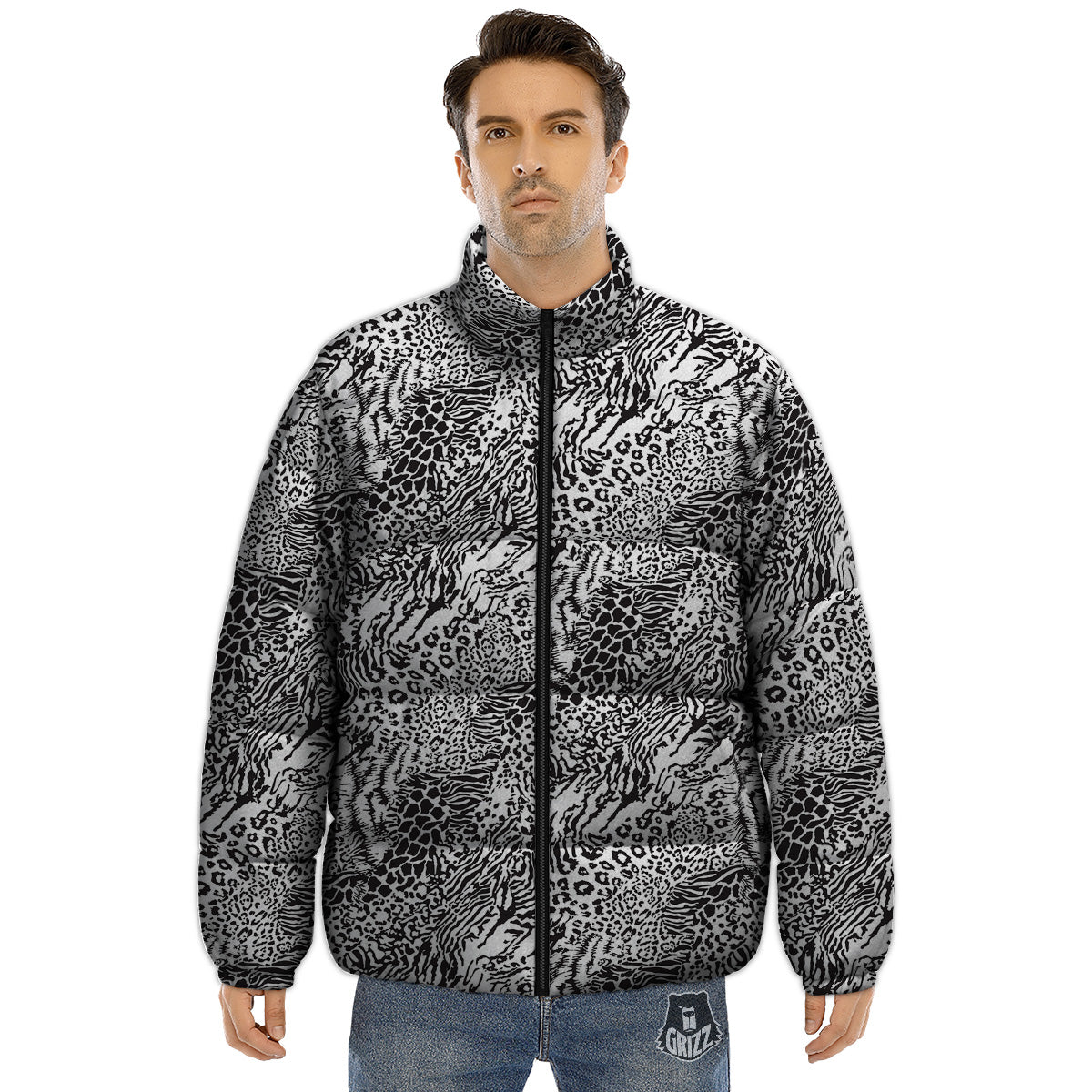 Patchwork Black White Animal Skins Print Pattern Puffer Jacket-grizzshop