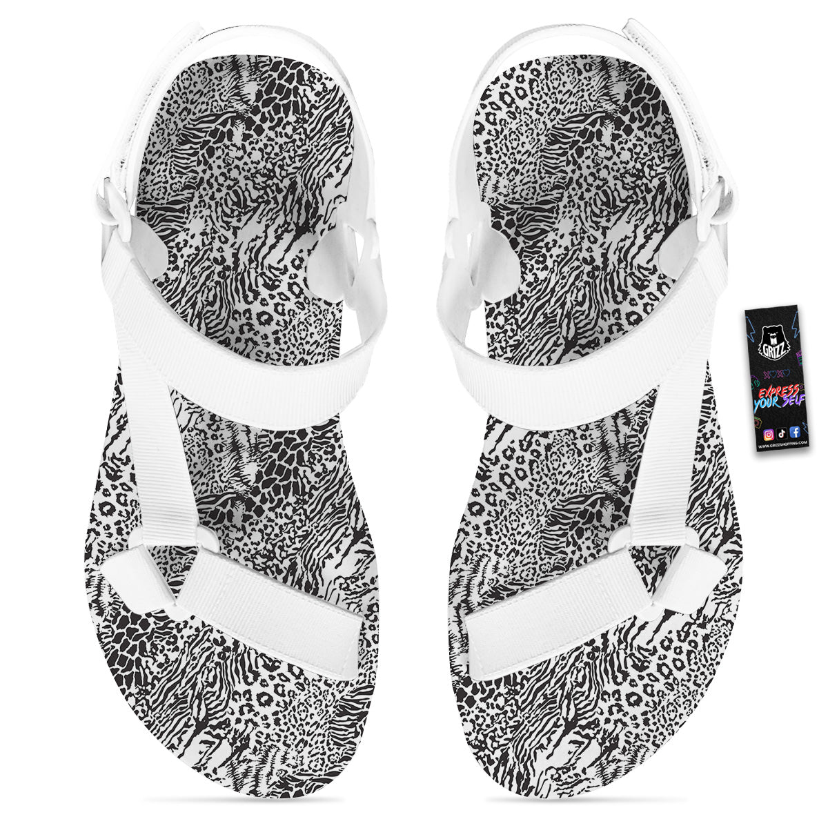 Patchwork Black White Animal Skins Print Pattern White Open Toe Sandals-grizzshop
