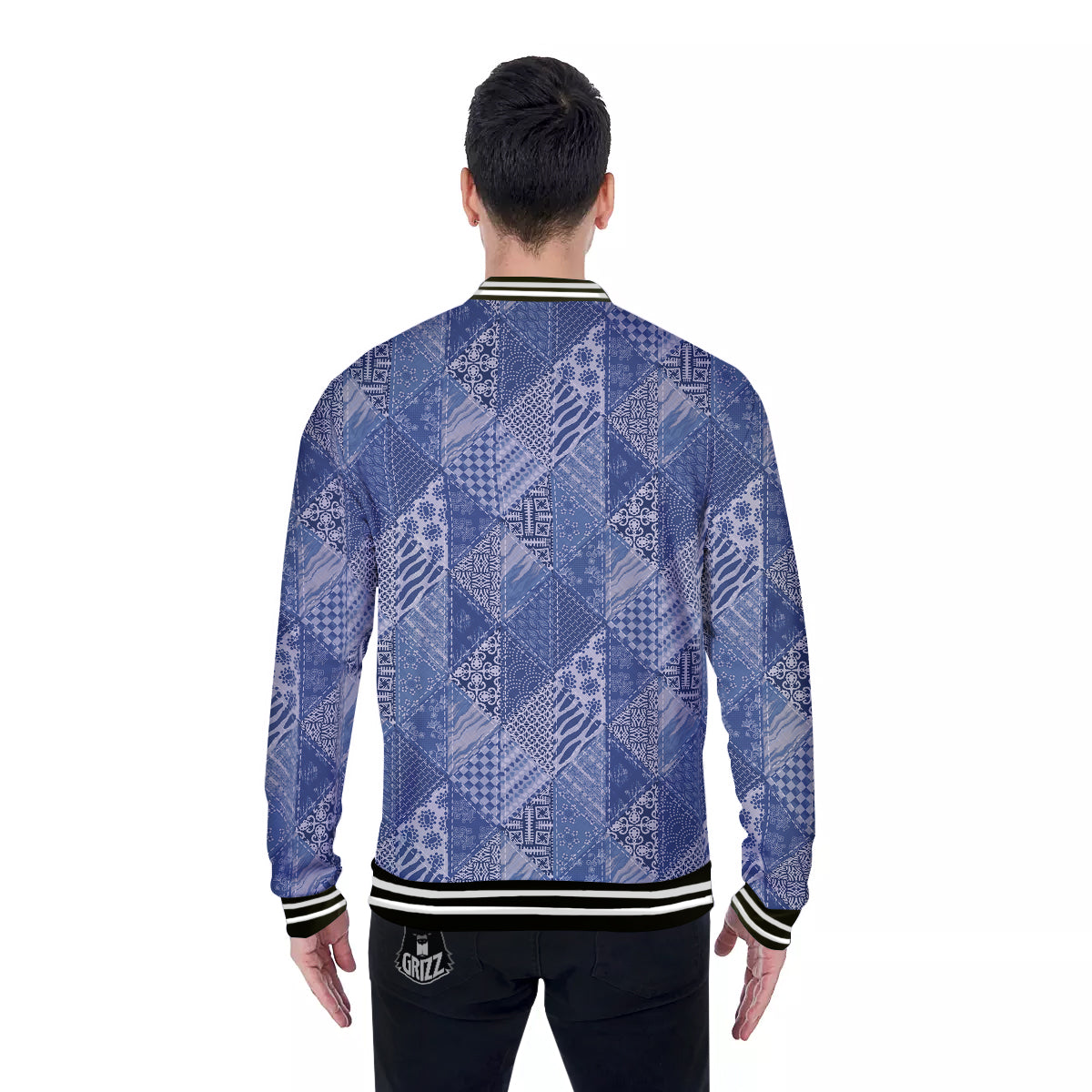 Patchwork Blue Denim Print Pattern Baseball Jacket-grizzshop