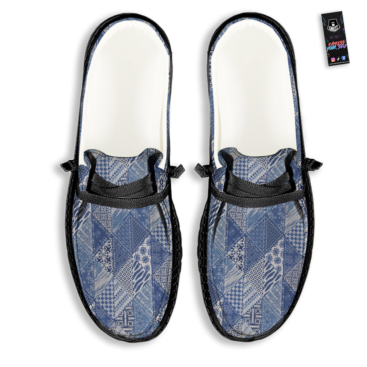 Patchwork Blue Denim Print Pattern Black Loafers-grizzshop