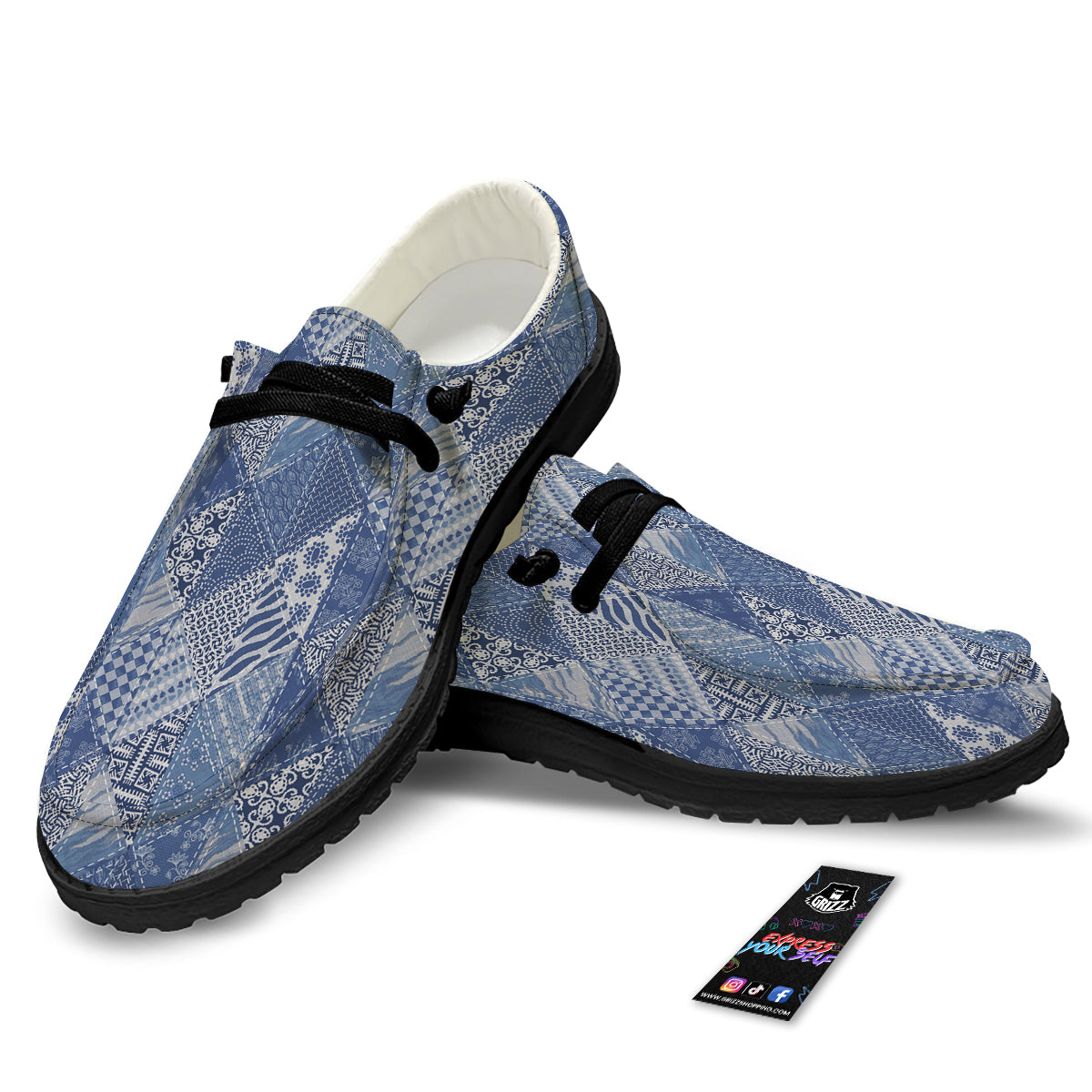 Patchwork Blue Denim Print Pattern Black Loafers-grizzshop