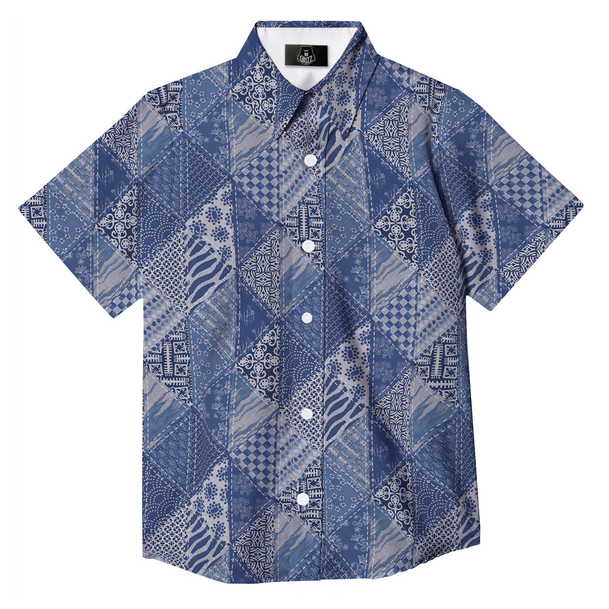 Patchwork Blue Denim Print Pattern Button Up Shirt-grizzshop