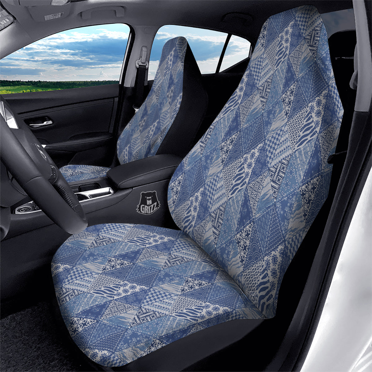 Patchwork Blue Denim Print Pattern Car Seat Covers-grizzshop